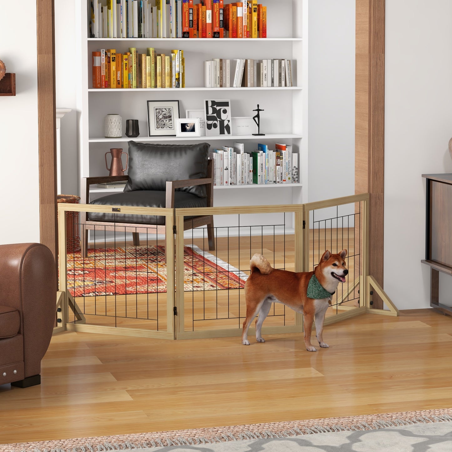 PawHut Barrera para Perros de Madera Valla para Mascotas Plegable de 3 Paneles con Plegado Bidireccional y Patas de Apoyo Triangulares para Puerta Pasillo Escalera 210x44x70 cm Madera Natural