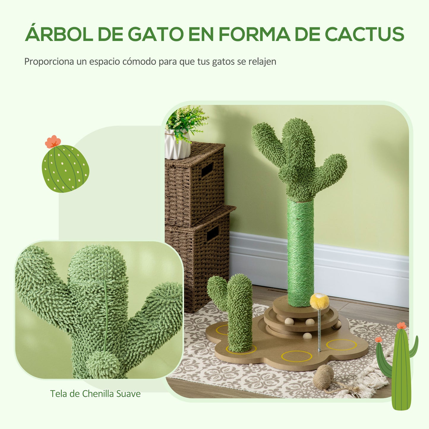 PawHut Árbol Rascador para Gatos Pequeños con Postes de Cactus Altura 60 cm Torre para Gatos de Chenilla con Juguetes de Pelotas 46x43x60 cm Verde