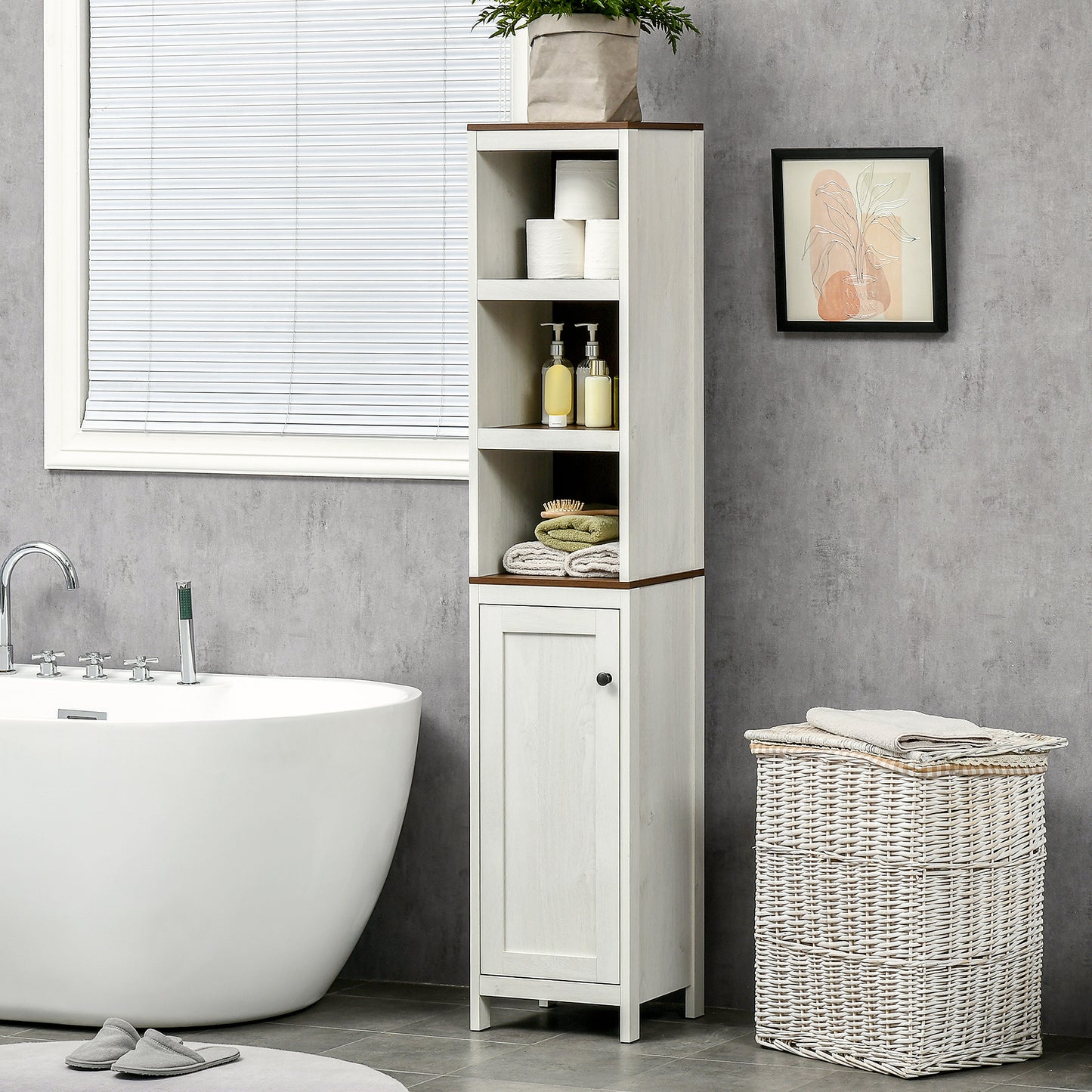 kleankin Conjunto de Baño Juego de Columna de Baño y Mueble para Debajo del Lavabo con Estante Ajustable Estilo Moderno 32x30x161 cm 60x30x60 cm Blanco