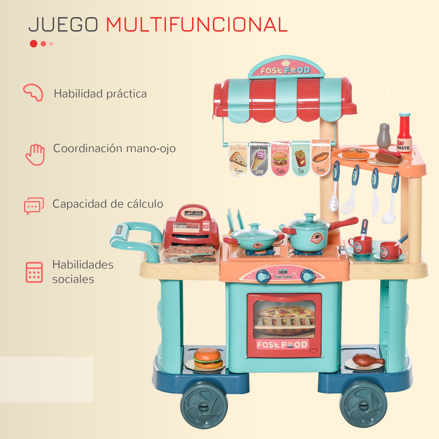 HOMCOM Cocina de Juguete para Niños de 3-6 Años Cocina Infantil con Ruedas Caja Registradora y Accesorios para Cocinar 79,5x33x90,5 cm Multicolor