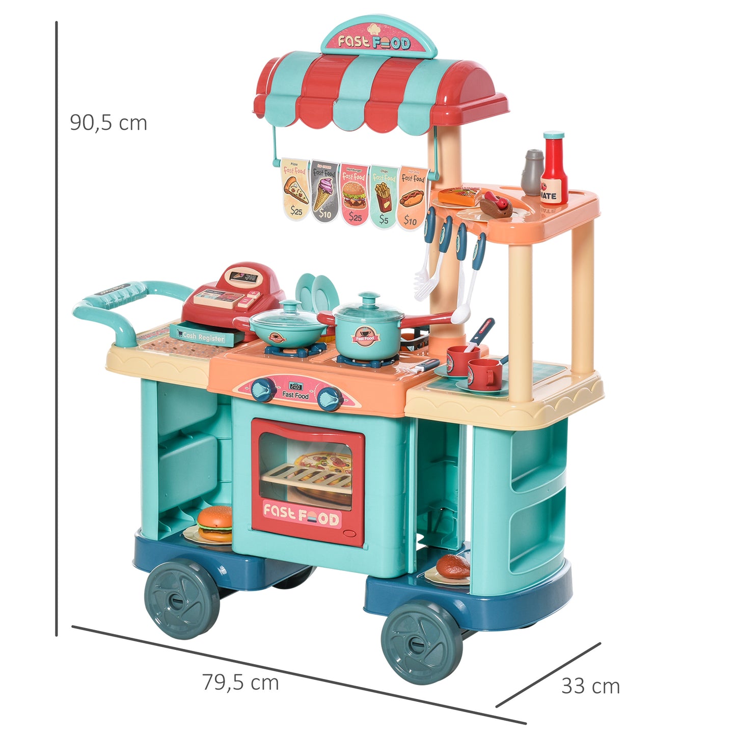 HOMCOM Cocina de Juguete para Niños de 3-6 Años Cocina Infantil con Ruedas Caja Registradora y Accesorios para Cocinar 79,5x33x90,5 cm Multicolor