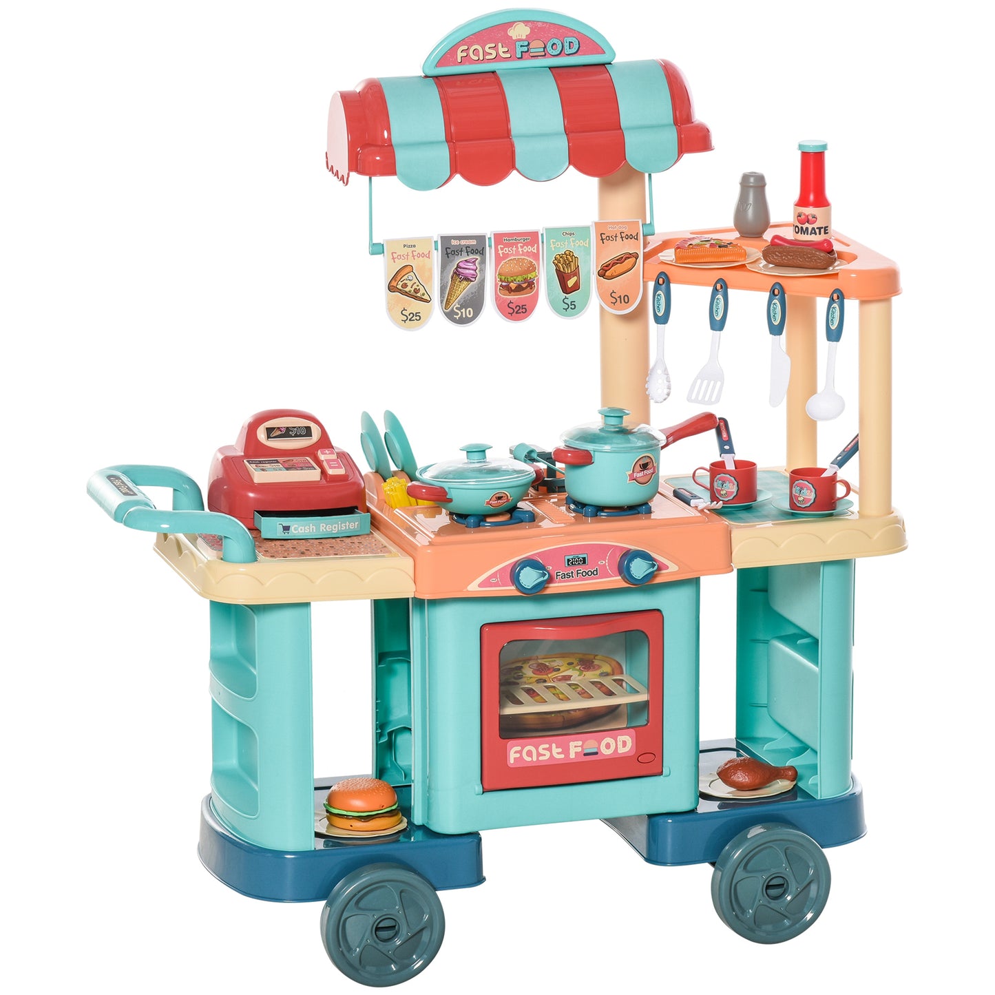 HOMCOM Cocina de Juguete para Niños de 3-6 Años Cocina Infantil con Ruedas Caja Registradora y Accesorios para Cocinar 79,5x33x90,5 cm Multicolor