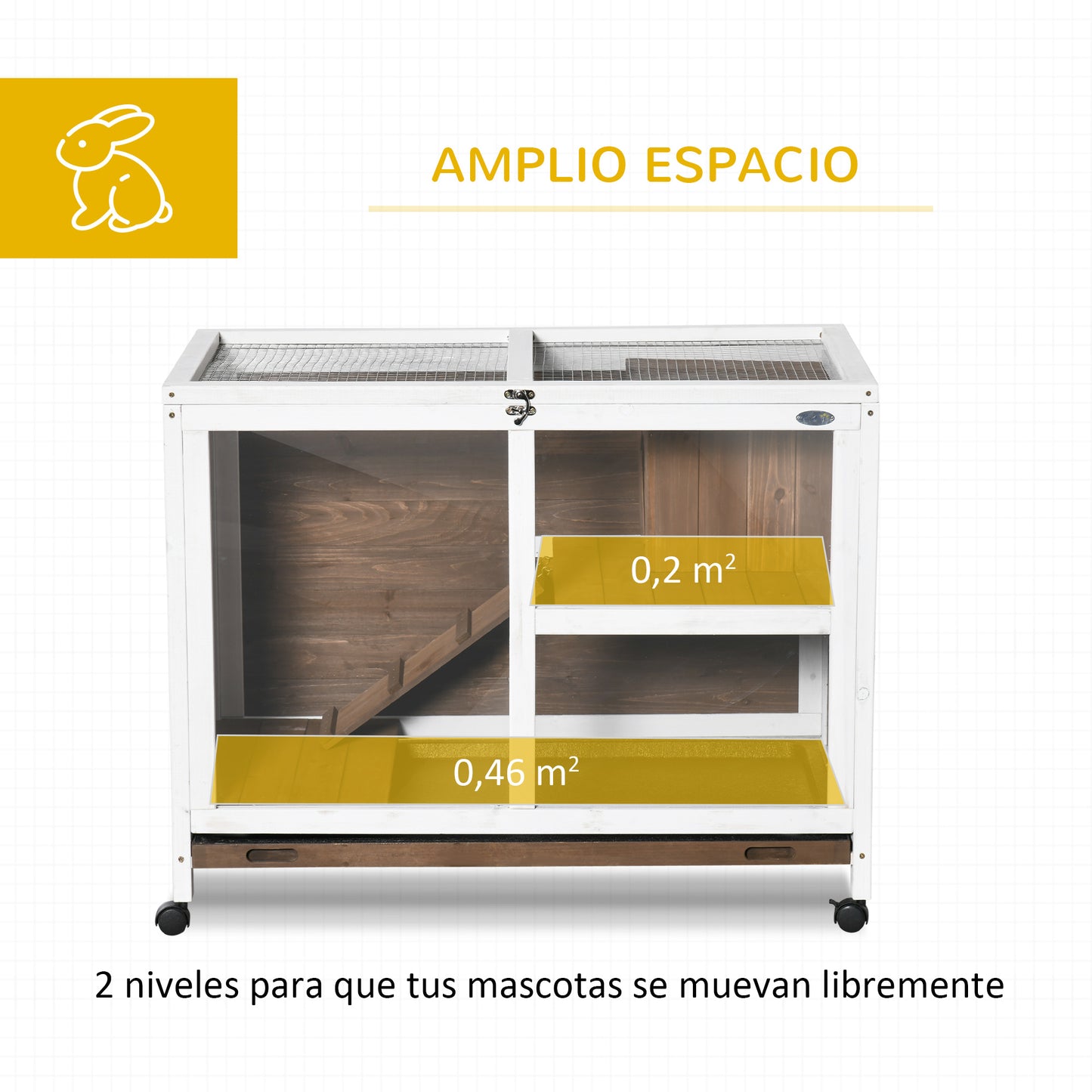 PawHut Conejera de Madera con Ruedas 91,5x53,3x73 cm Jaula para Conejos de 2 Niveles con Techo Abatible Bandeja Extraíble y Rampa Marrón