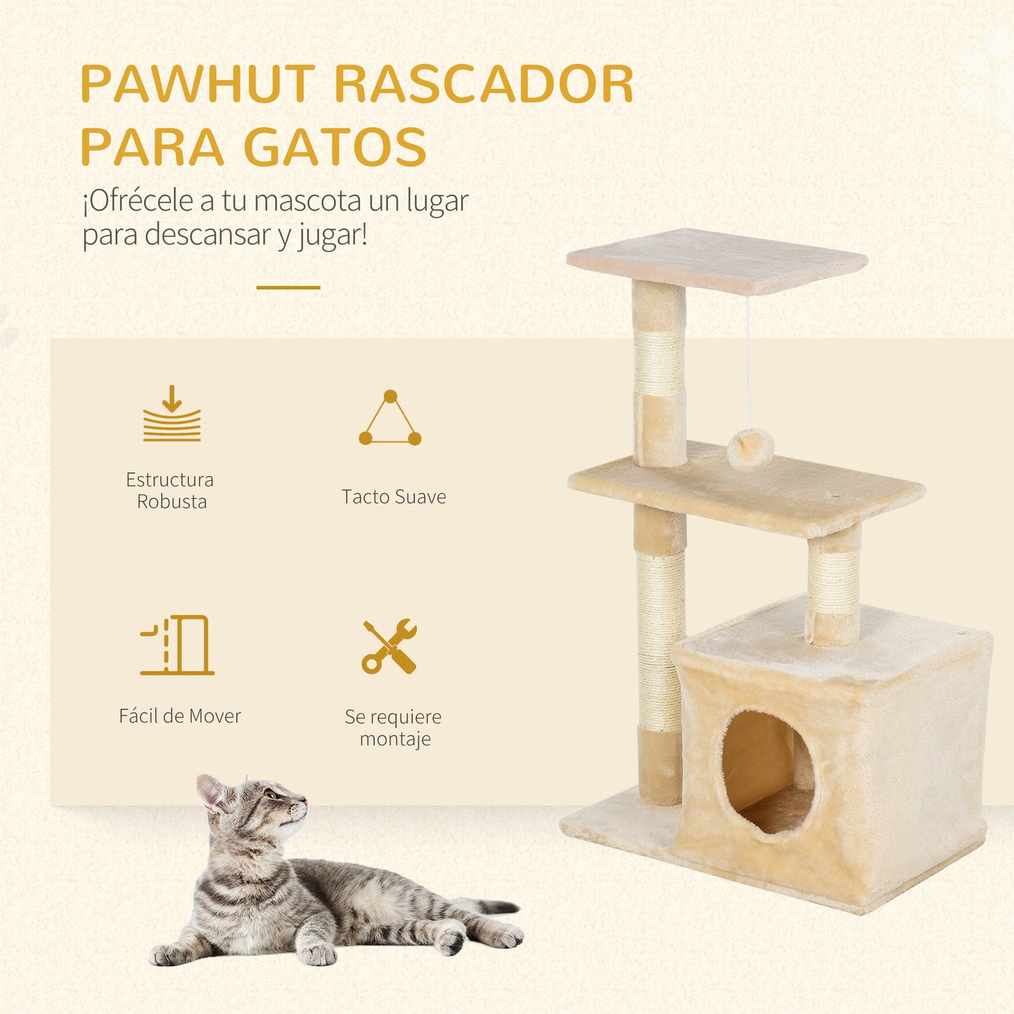 PawHut Árbol Rascador para Gatos 81,5 cm Torre para Gatos con Postes de Sisal 2 Plataformas Cueva y Bola Colgante Estilo Elegante 50x30x81,5 cm Beige