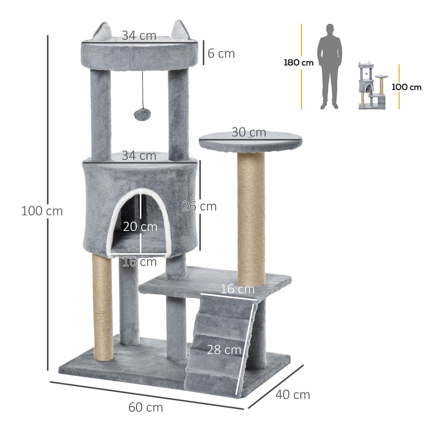 PawHut Árbol Rascador para Gatos Mediano Árbol para Gatos de 5 Niveles Torre para Gatos con Plataformas Nido Postes de Yute Escalera y Bola Colgante Gris