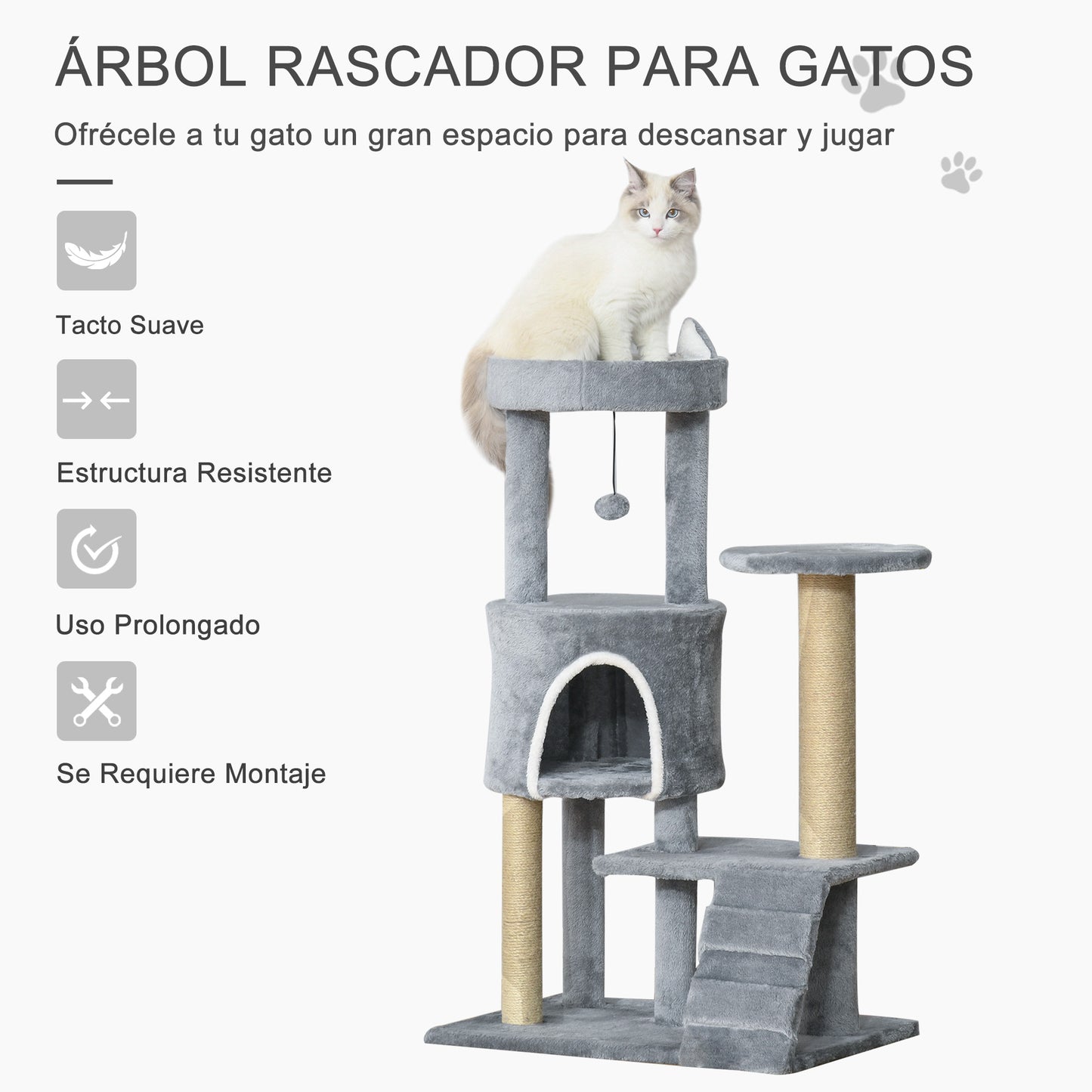 PawHut Árbol Rascador para Gatos Mediano Árbol para Gatos de 5 Niveles Torre para Gatos con Plataformas Nido Postes de Yute Escalera y Bola Colgante Gris