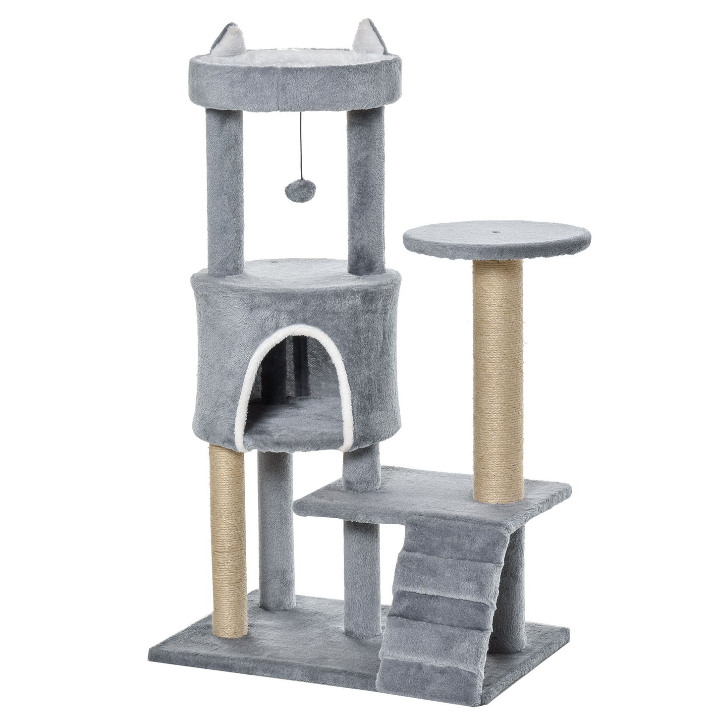 PawHut Árbol Rascador para Gatos Mediano Árbol para Gatos de 5 Niveles Torre para Gatos con Plataformas Nido Postes de Yute Escalera y Bola Colgante Gris