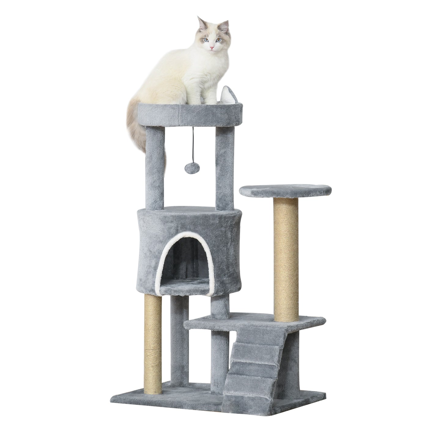 PawHut Árbol Rascador para Gatos Mediano Árbol para Gatos de 5 Niveles Torre para Gatos con Plataformas Nido Postes de Yute Escalera y Bola Colgante Gris