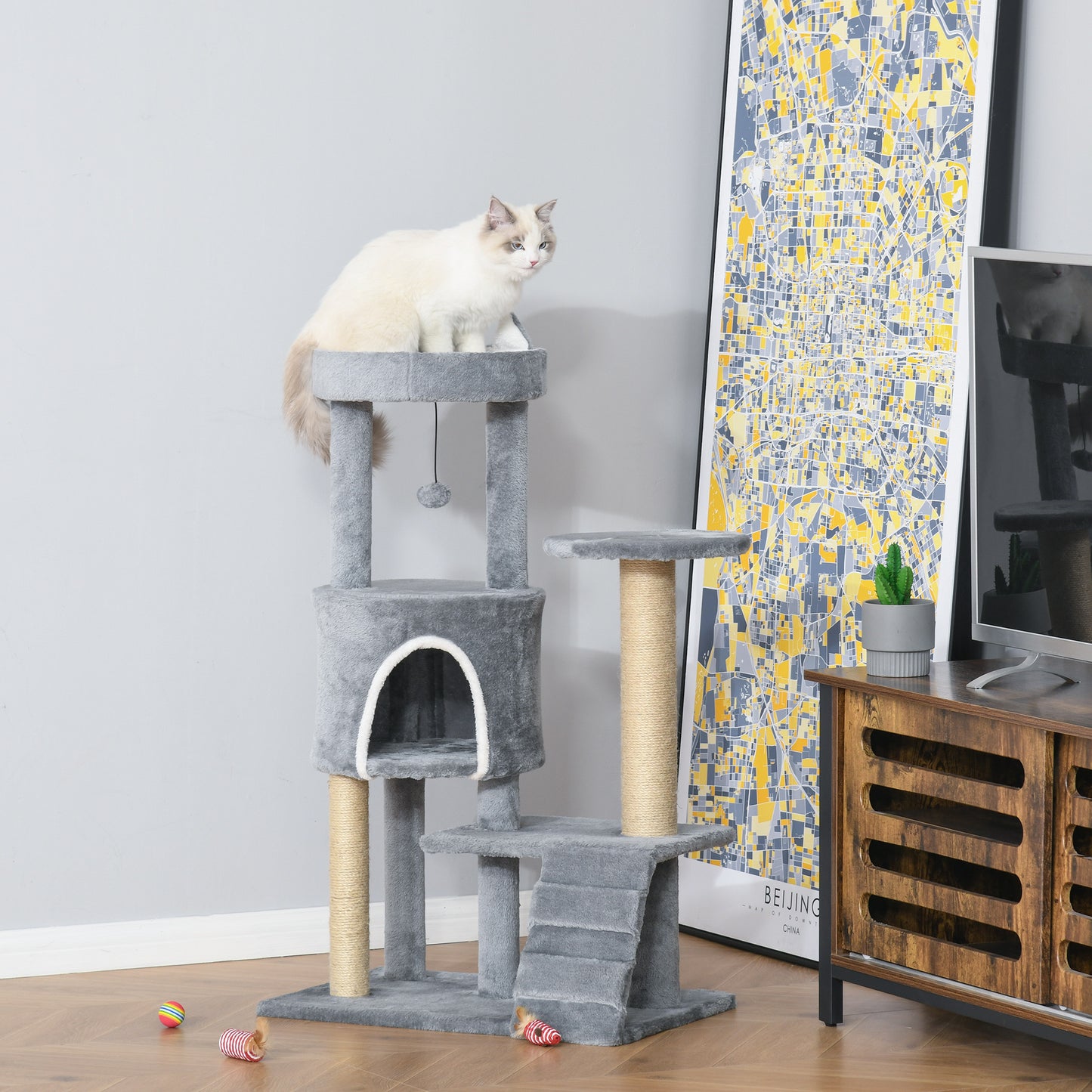 PawHut Árbol Rascador para Gatos Mediano Árbol para Gatos de 5 Niveles Torre para Gatos con Plataformas Nido Postes de Yute Escalera y Bola Colgante Gris