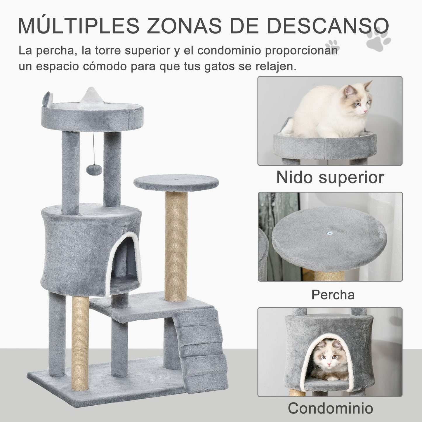 PawHut Árbol Rascador para Gatos Mediano Árbol para Gatos de 5 Niveles Torre para Gatos con Plataformas Nido Postes de Yute Escalera y Bola Colgante Gris