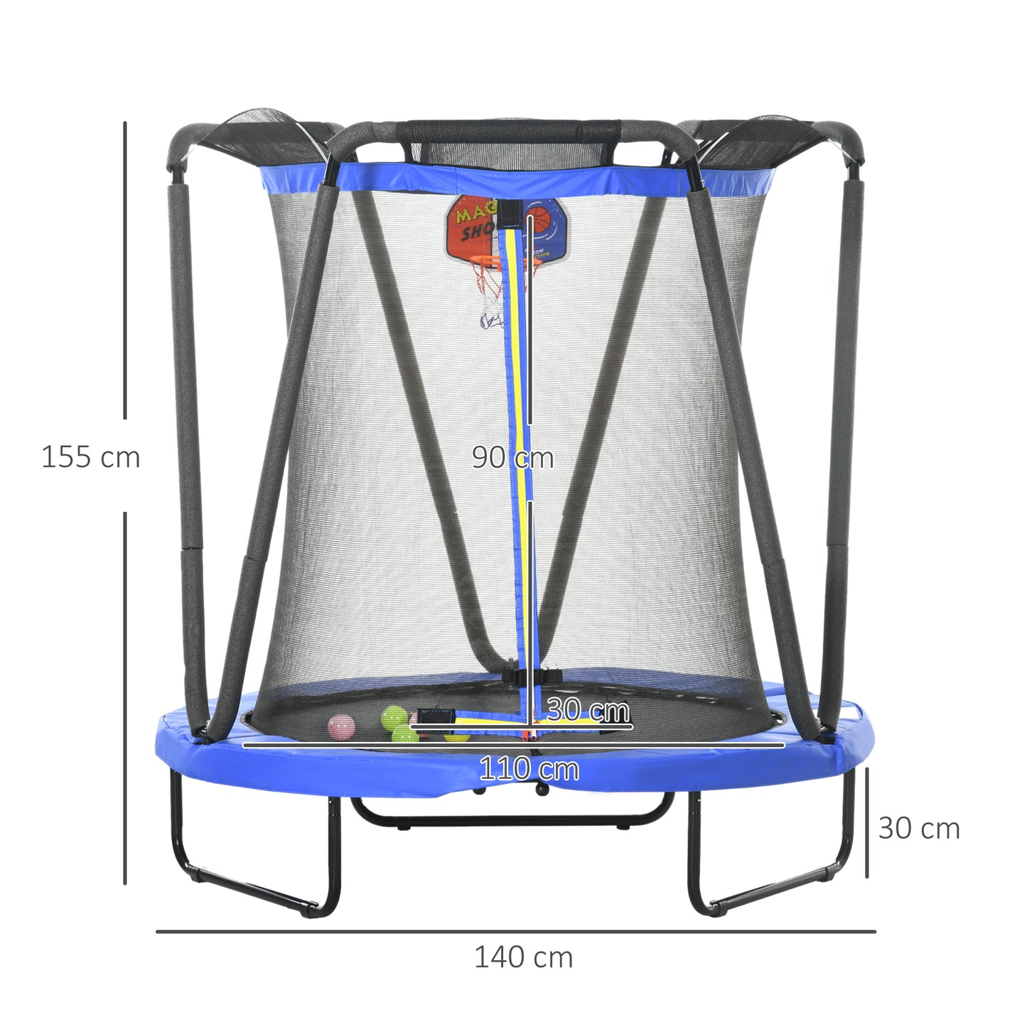 ZONEKIZ Cama Elástica Infantil Ø140 cm Trampolín para Niños de 3-10 Años con Red de Seguridad Baloncesto Aro de Baloncesto y 20 Bolas de Plástico para Interior Azul