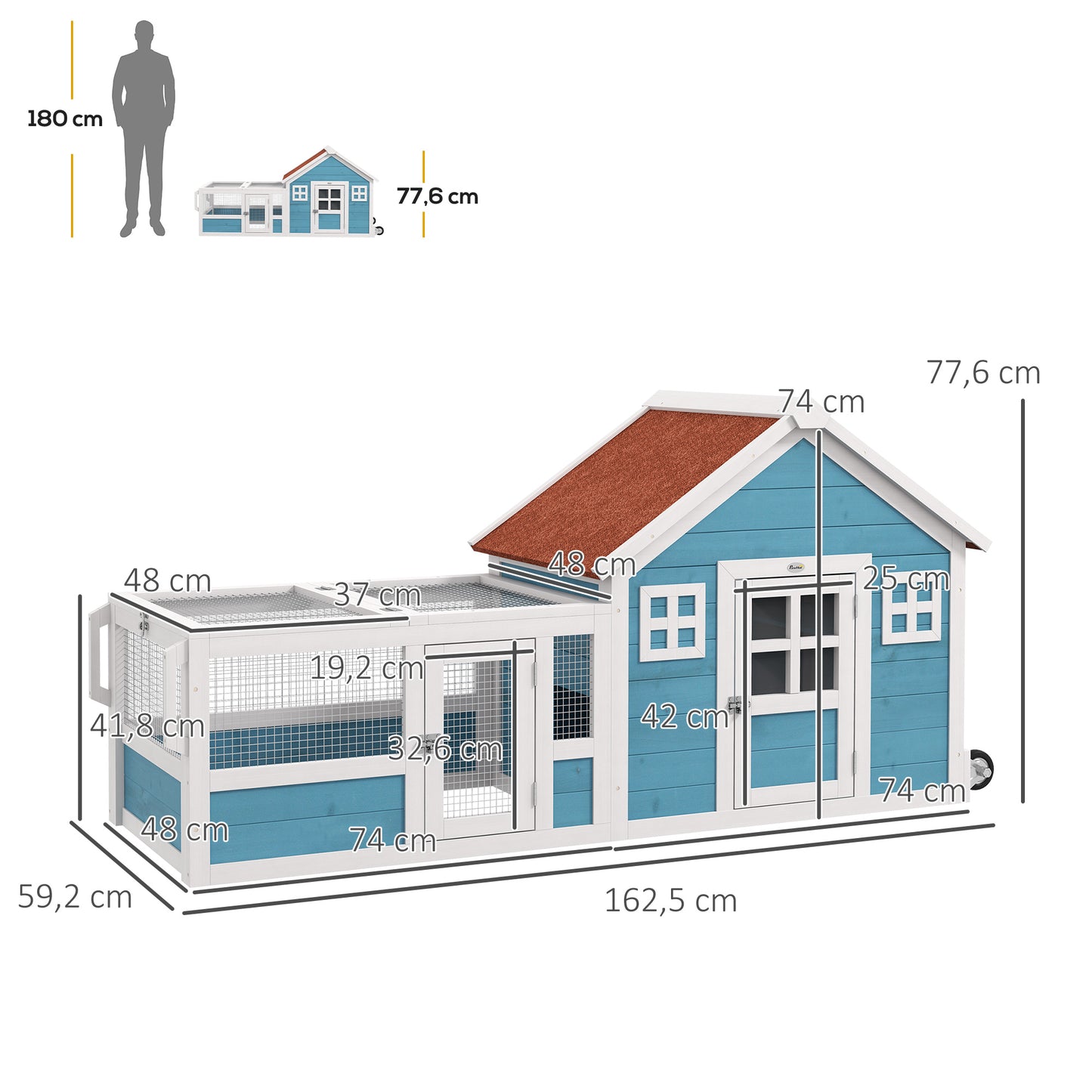 PawHut Conejera Exterior de Madera 162,5x59,2x77,6 cm Jaula para Conejo Grande con 2 Ventanas de Decoración 2 Ruedas 1 Puerta 1 Rampa y Techo de Asfalto Azul