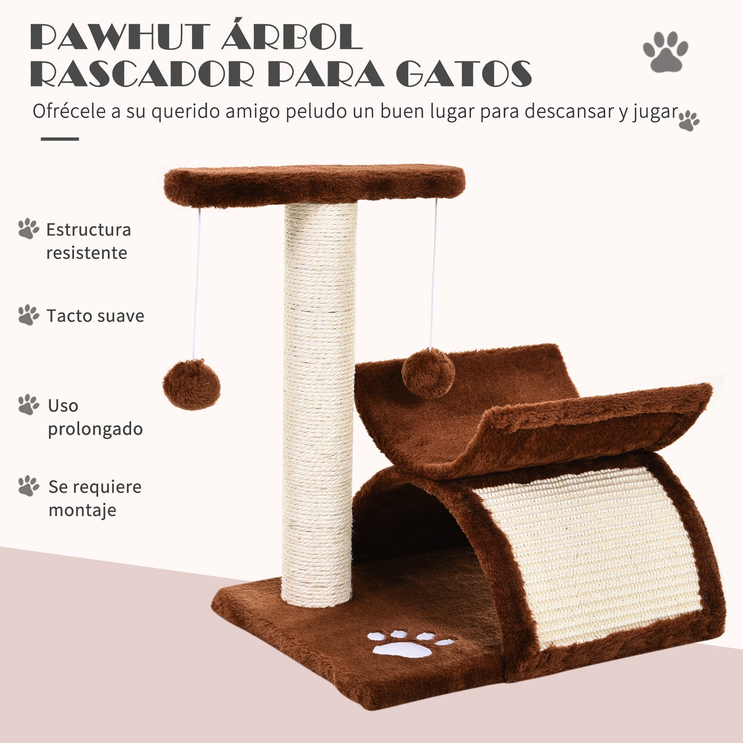 PawHut Rascador para Gatos Árbol Rascador Centro de Actividad Poste Giratorio con Bolas de Juego Plataforma Caseta 40x30x43cm Sisal Natural