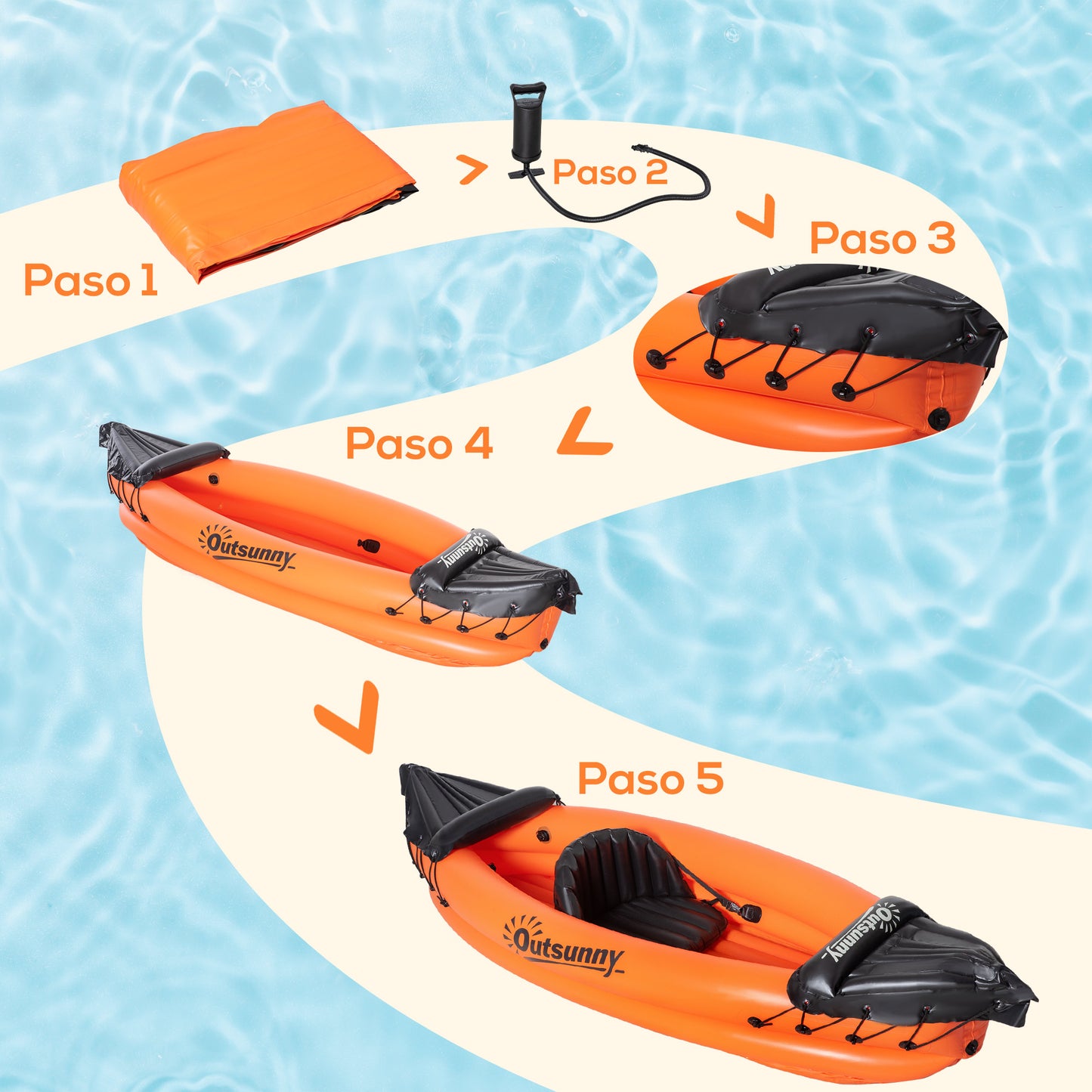 Outsunny Kayak Hinchable para 1 Persona Canoa Kayak Inflable de PVC con Remo Bomba de Mano y Kit de Reparación 270x93x50 cm Naranja