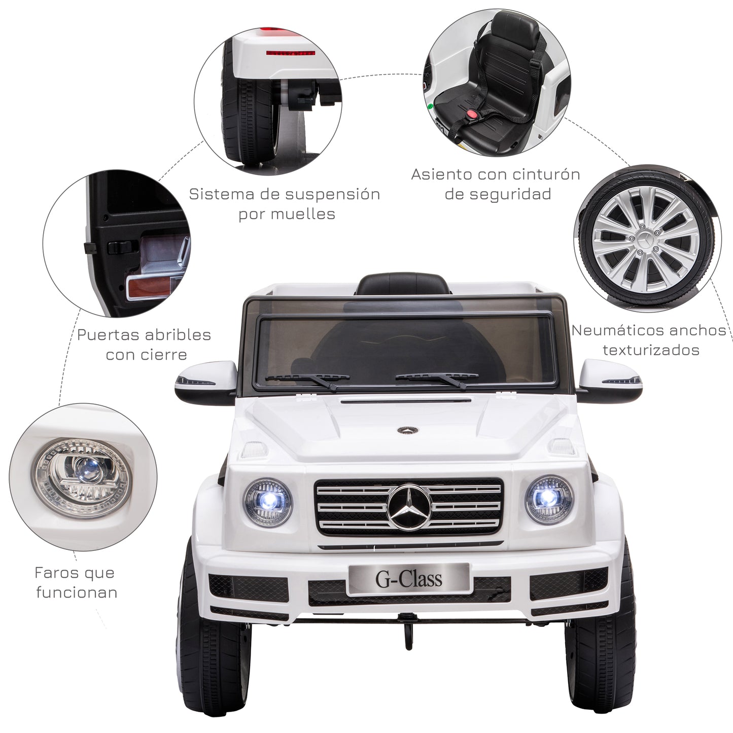 HOMCOM Coche Eléctrico para Niños de +3 Años BENZ G500 Todoterreno de Batería 12 V Vehículo Eléctrico con Control Remoto Música Bocina Velocidad 3-5 km/h Carga 30 kg Blanco