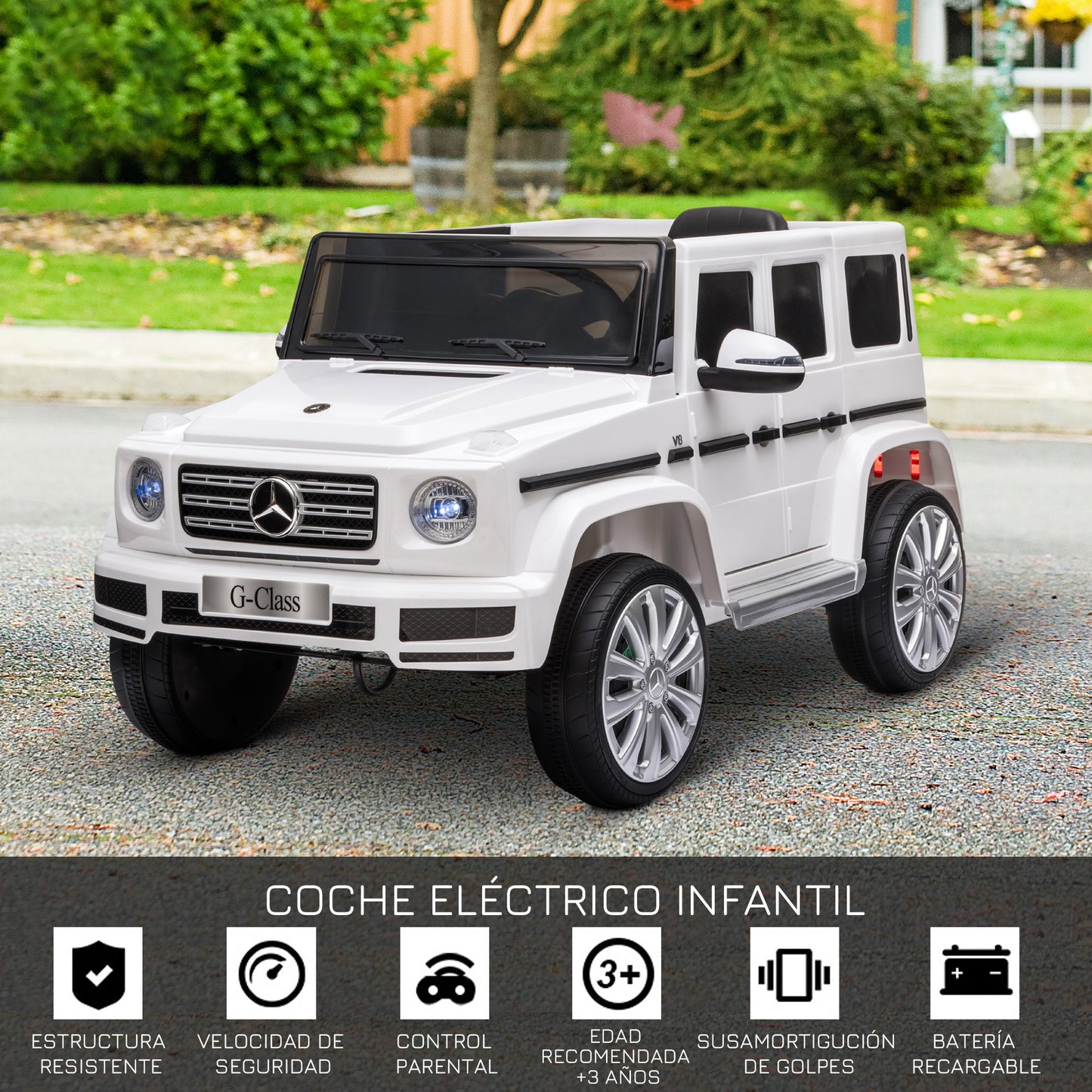 HOMCOM Coche Eléctrico para Niños de +3 Años BENZ G500 Todoterreno de Batería 12 V Vehículo Eléctrico con Control Remoto Música Bocina Velocidad 3-5 km/h Carga 30 kg Blanco