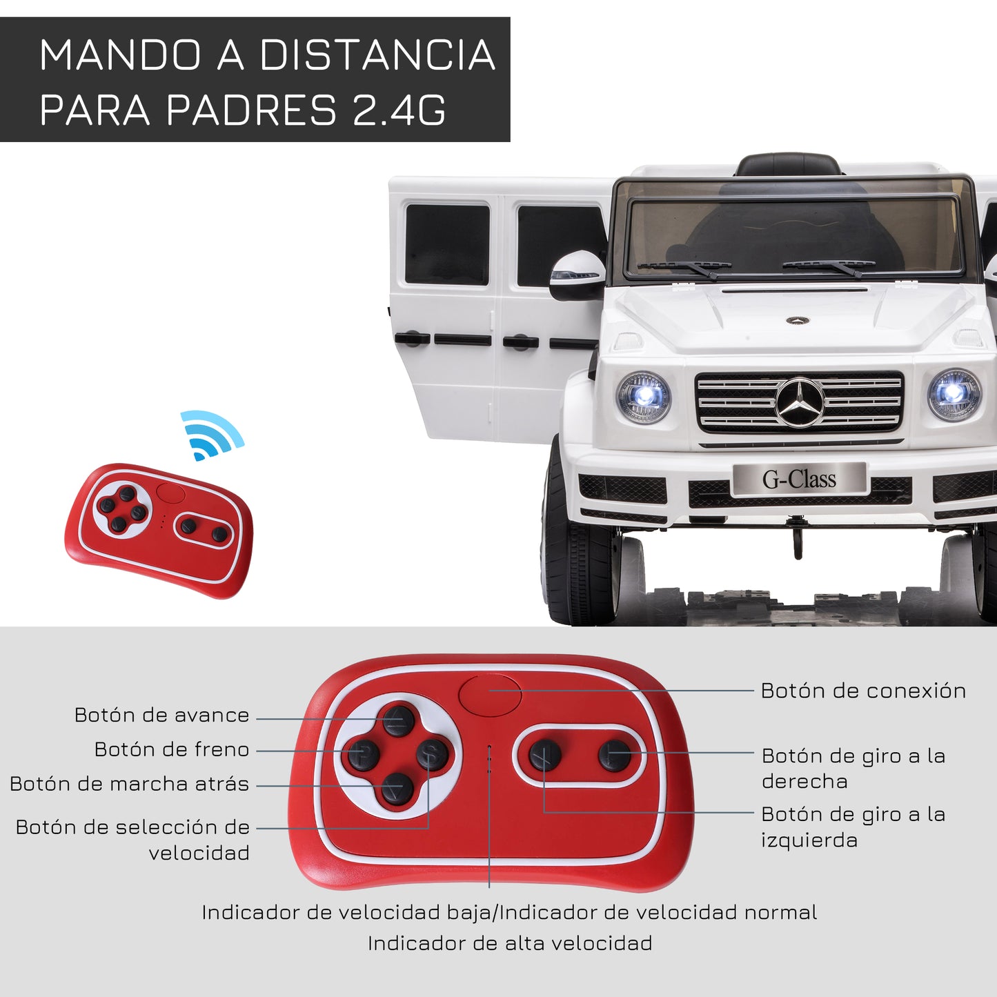 HOMCOM Coche Eléctrico para Niños de +3 Años BENZ G500 Todoterreno de Batería 12 V Vehículo Eléctrico con Control Remoto Música Bocina Velocidad 3-5 km/h Carga 30 kg Blanco