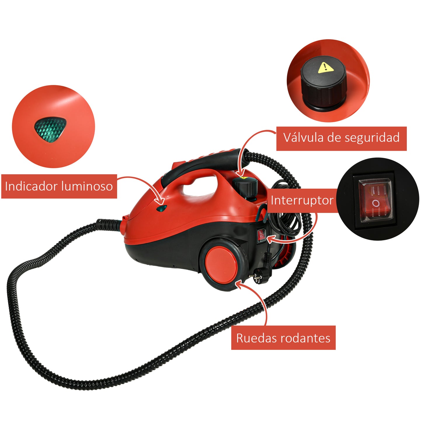 HOMCOM Limpiador a Vapor Portátil Deposito 2 L Vaporeta Multiusos Autonomía con Accesorios para Tapicería Sofá Baño Coche 40x24x27,2 cm Rojo