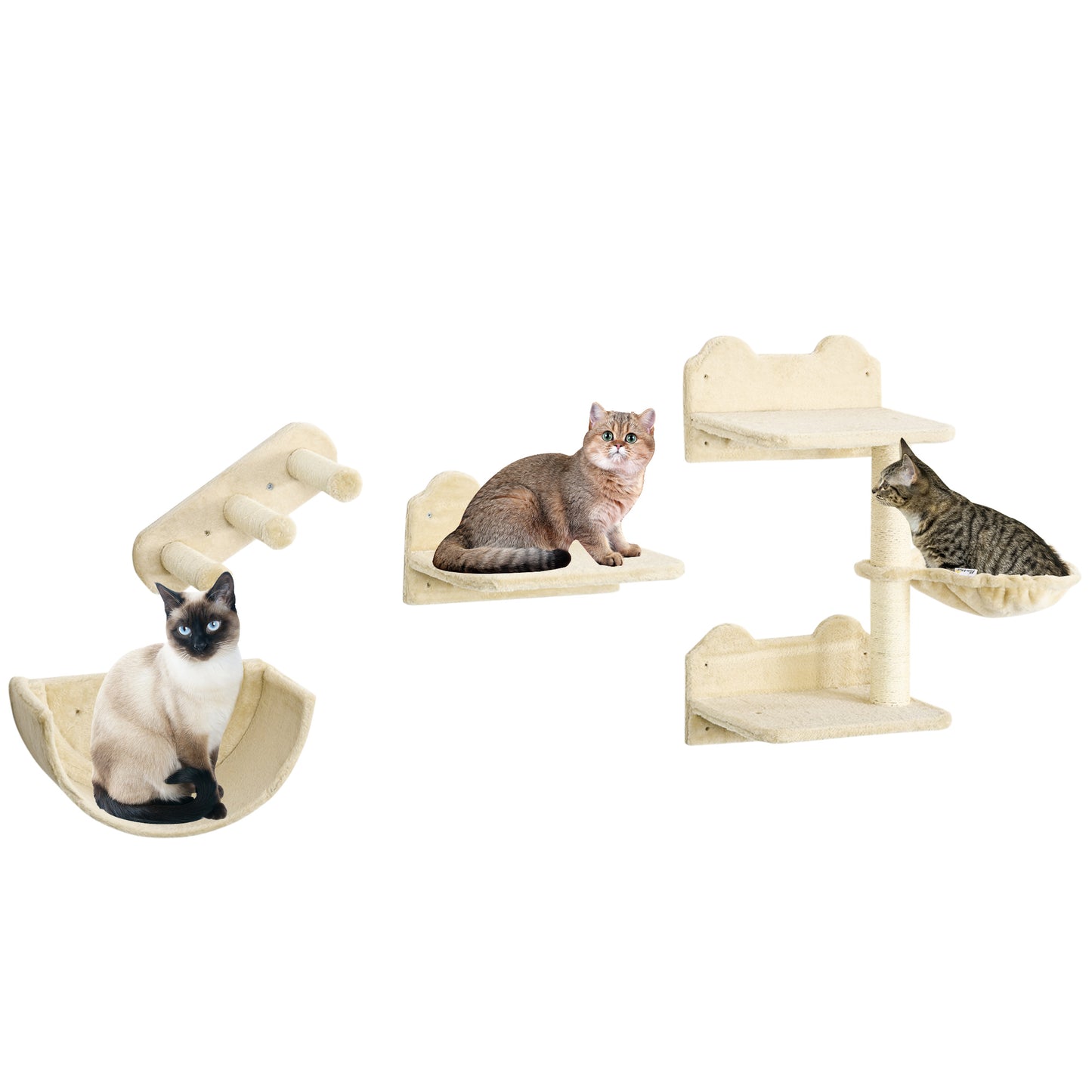 PawHut Estante de Escalada para Gatos de Pared Juego de Estantes para Gatos 4 Piezas con Hamaca Nido Rascador Plataformas para Saltar y Poste de Sisal Beige