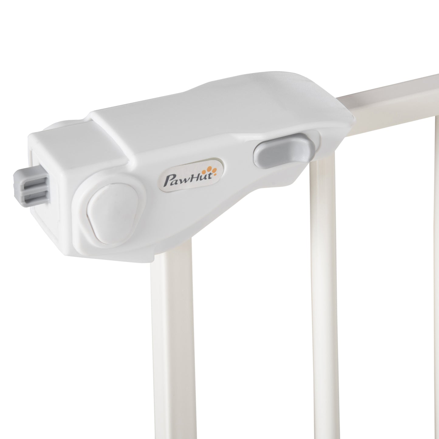 PawHut Barrera de Seguridad Extensible para Puertas y Escaleras Barrera para Perros con Cierre Automático y Sistema de Doble Bloqueo Metal 74-147,5x76,2 cm Blanco