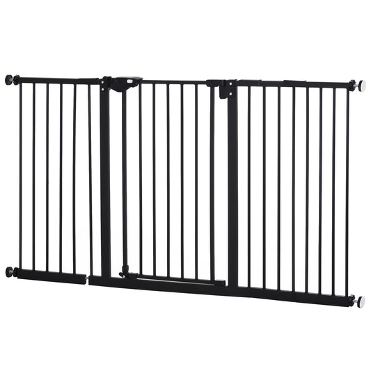 PawHut Barrera de Seguridad Extensible para Puertas y Escaleras Barrera para Perros con Cierre Automático y Sistema de Doble Bloqueo Metal 74-147,5x76,2 cm Negro