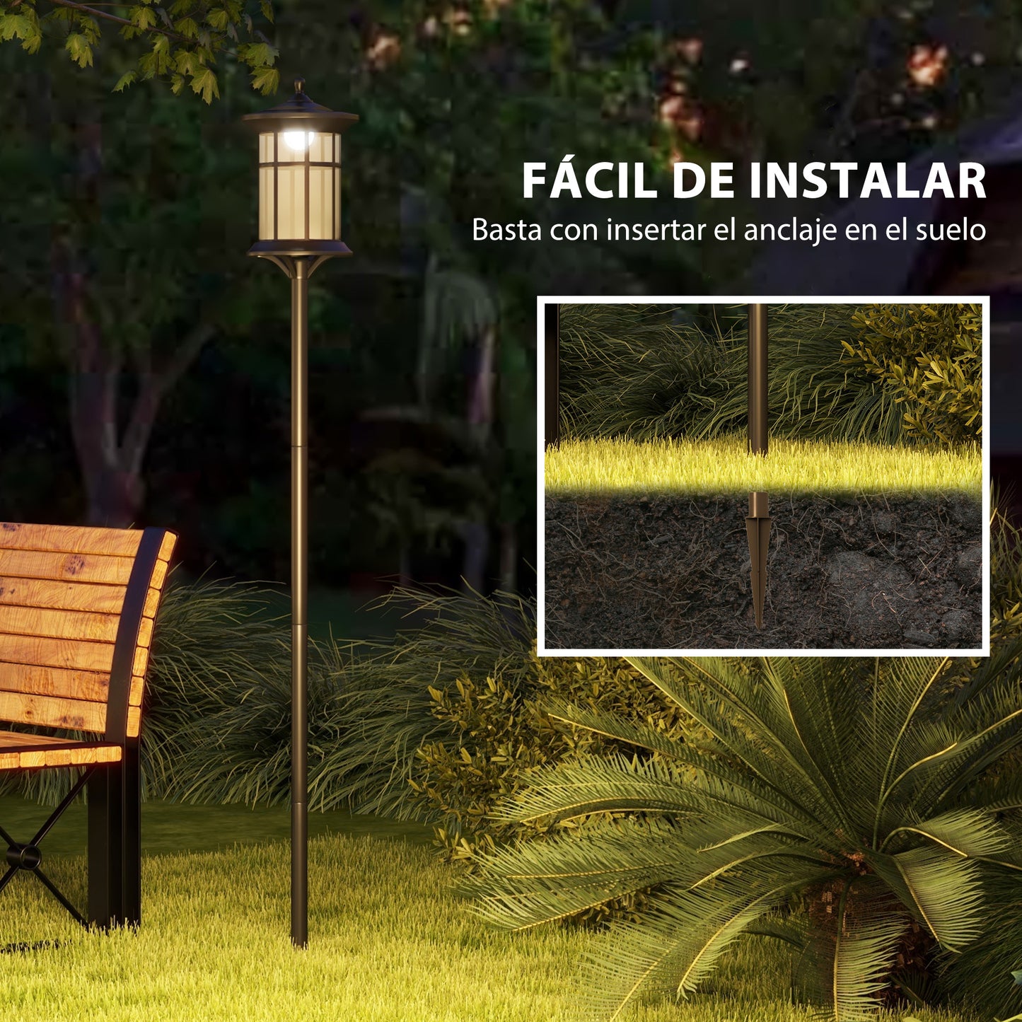 Outsunny 2 Farolas Solares Exterior Luces Solares Exterior con Panel Solar Encendido Automático y Marco de Acero Inoxidable Impermeable IP44 para Terraza Patio 23,5x23,5x184 cm Negro