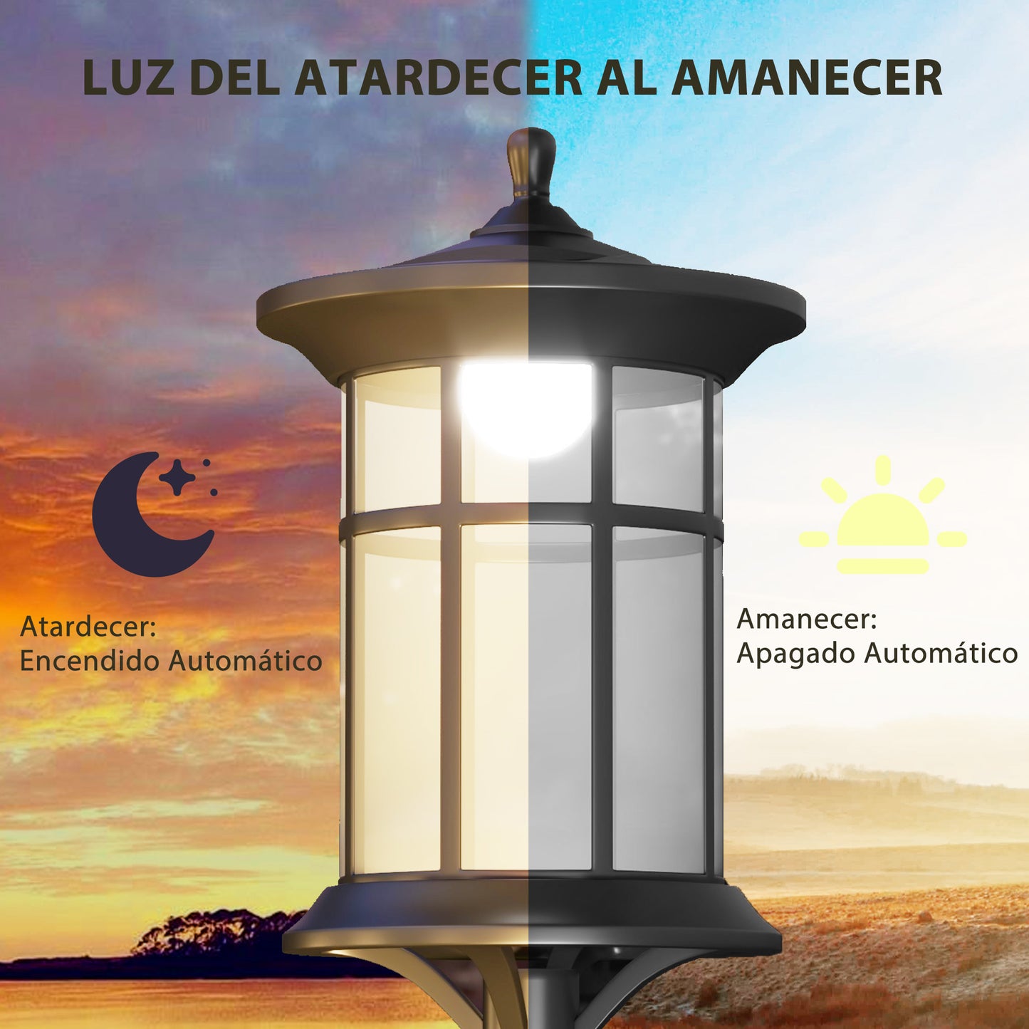 Outsunny 2 Farolas Solares Exterior Luces Solares Exterior con Panel Solar Encendido Automático y Marco de Acero Inoxidable Impermeable IP44 para Terraza Patio 23,5x23,5x184 cm Negro