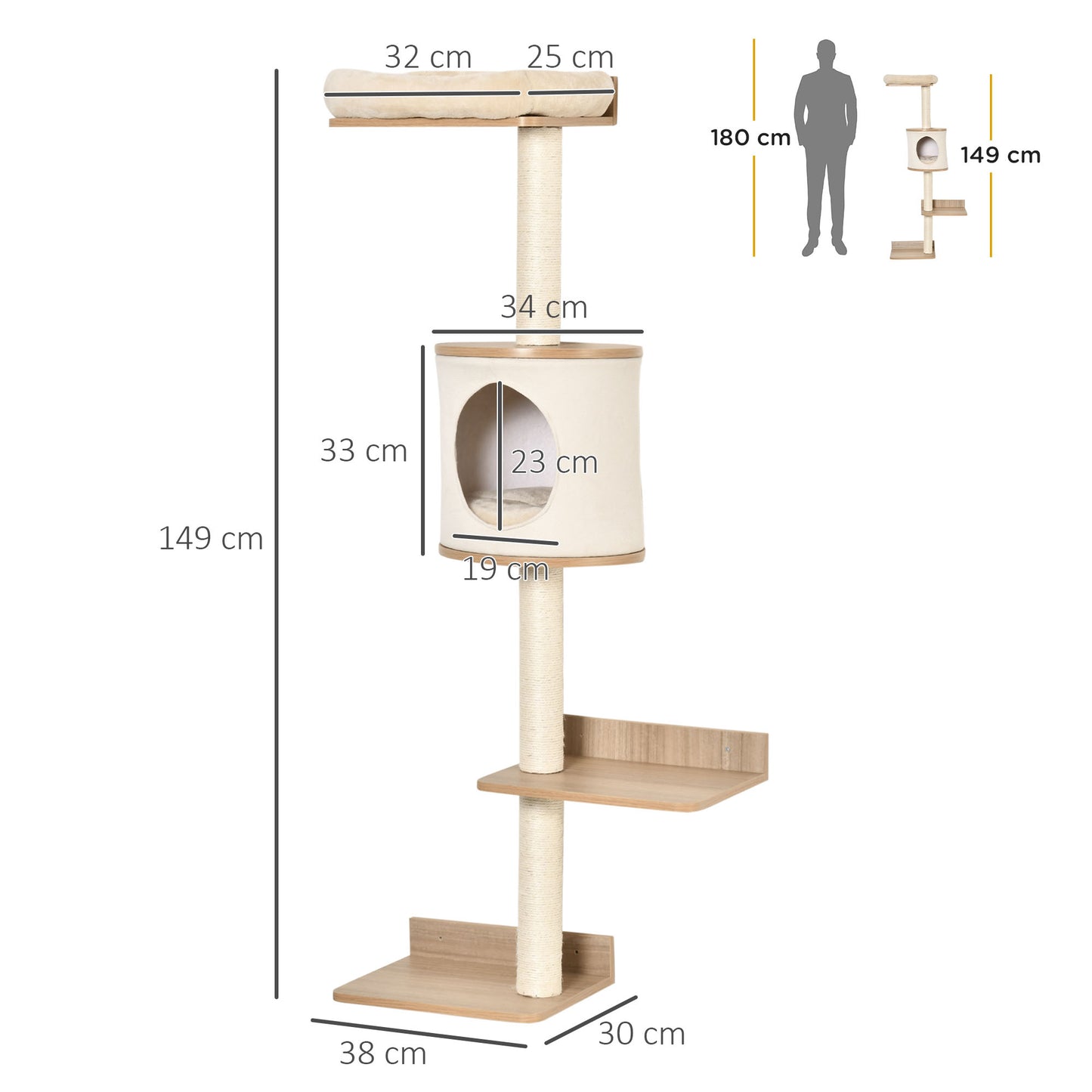 PawHut Árbol para Gatos de Pared 38x30x149 cm con Múltiples Plataformas de Madera Cueva Cama Superior Cojín Extraíble Postes Rascadores de Sisal Torre para Escalar Beige y Roble