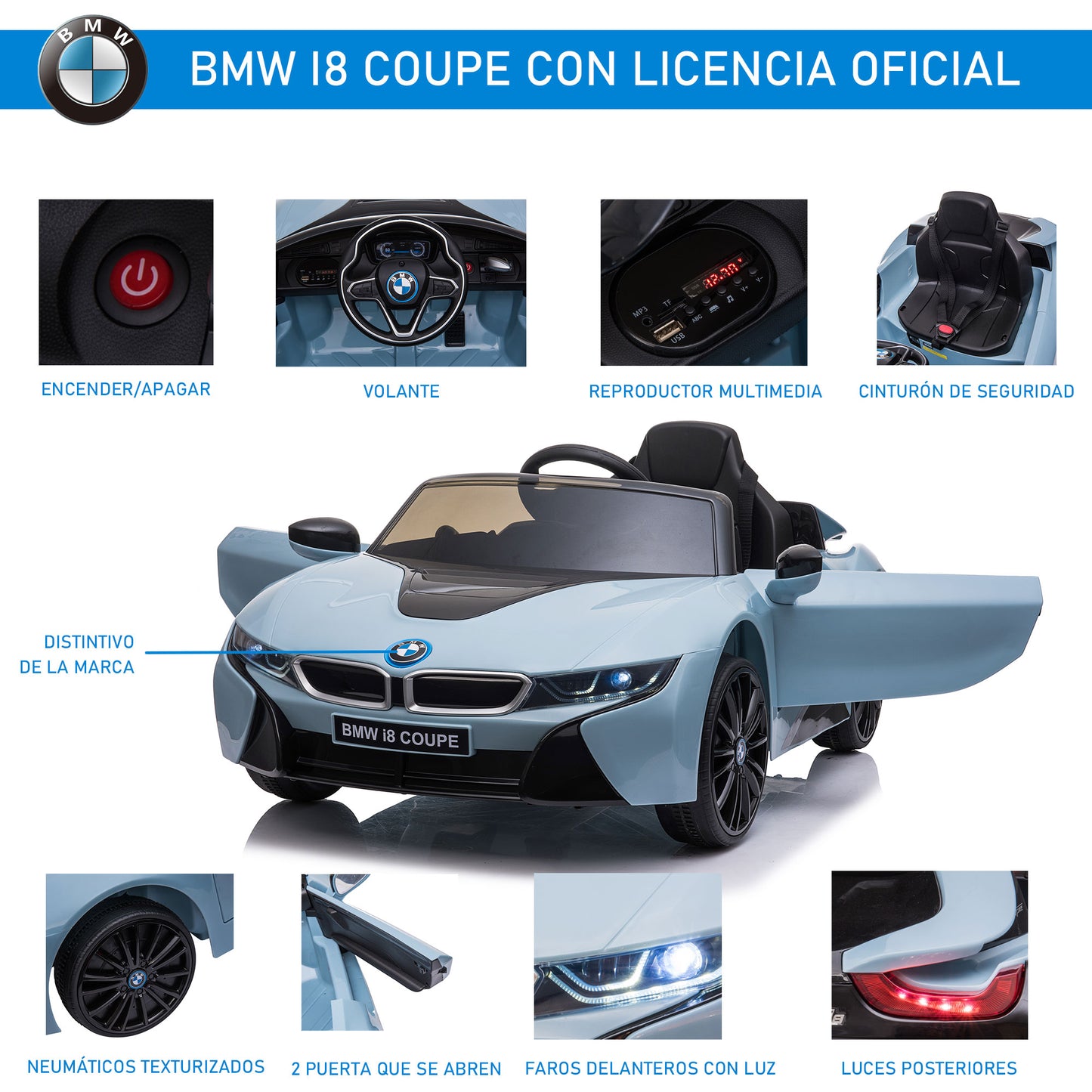 HOMCOM Coche Eléctrico BMW I8 COUPE con Licencia para Niños de +3 Años Batería 6V Control Remoto y Manual con Música MP3 Bocina y Faros 115x72,5x46 cm Azul