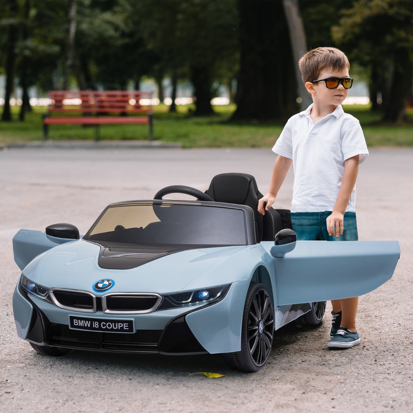 HOMCOM Coche Eléctrico BMW I8 COUPE con Licencia para Niños de +3 Años Batería 6V Control Remoto y Manual con Música MP3 Bocina y Faros 115x72,5x46 cm Azul