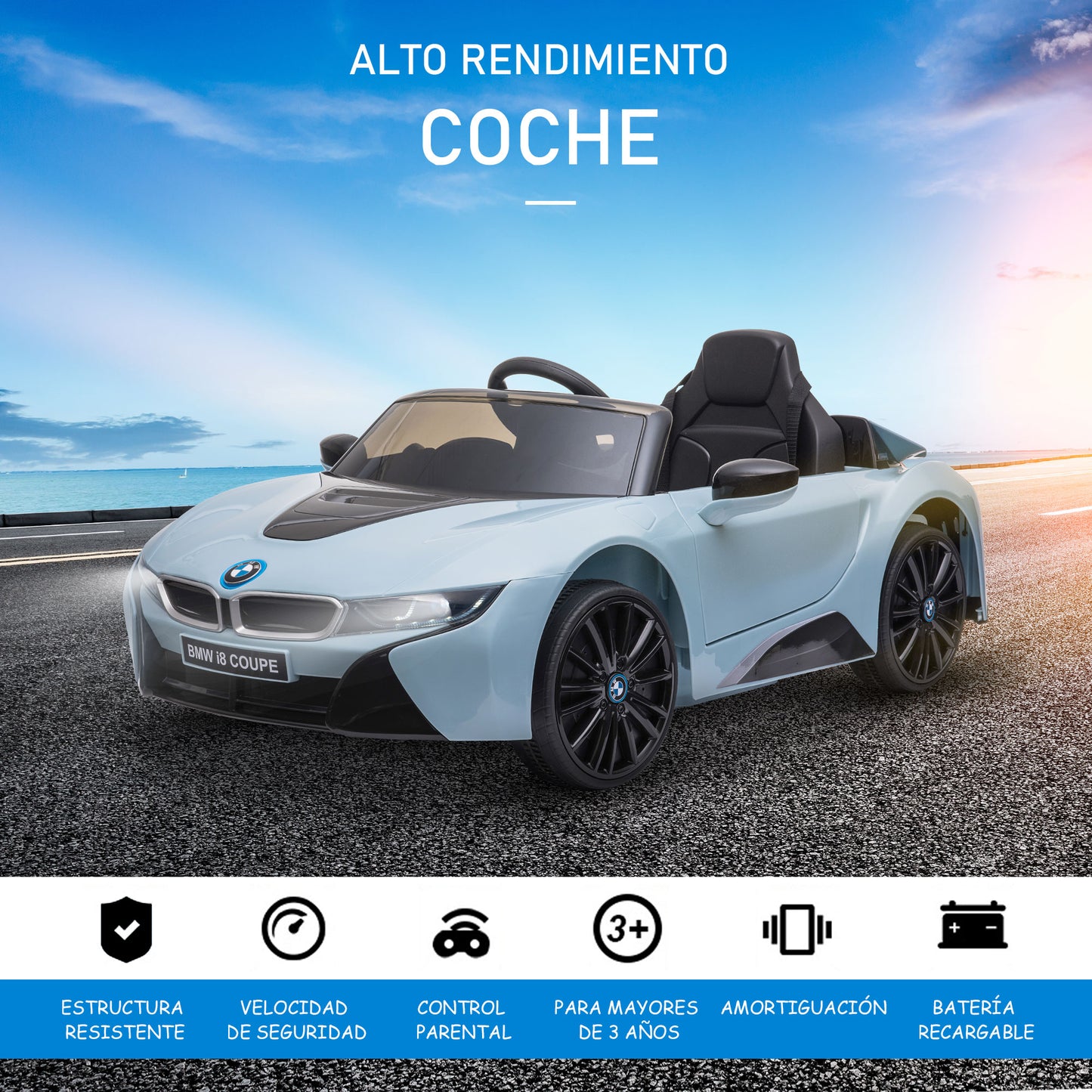 HOMCOM Coche Eléctrico BMW I8 COUPE con Licencia para Niños de +3 Años Batería 6V Control Remoto y Manual con Música MP3 Bocina y Faros 115x72,5x46 cm Azul