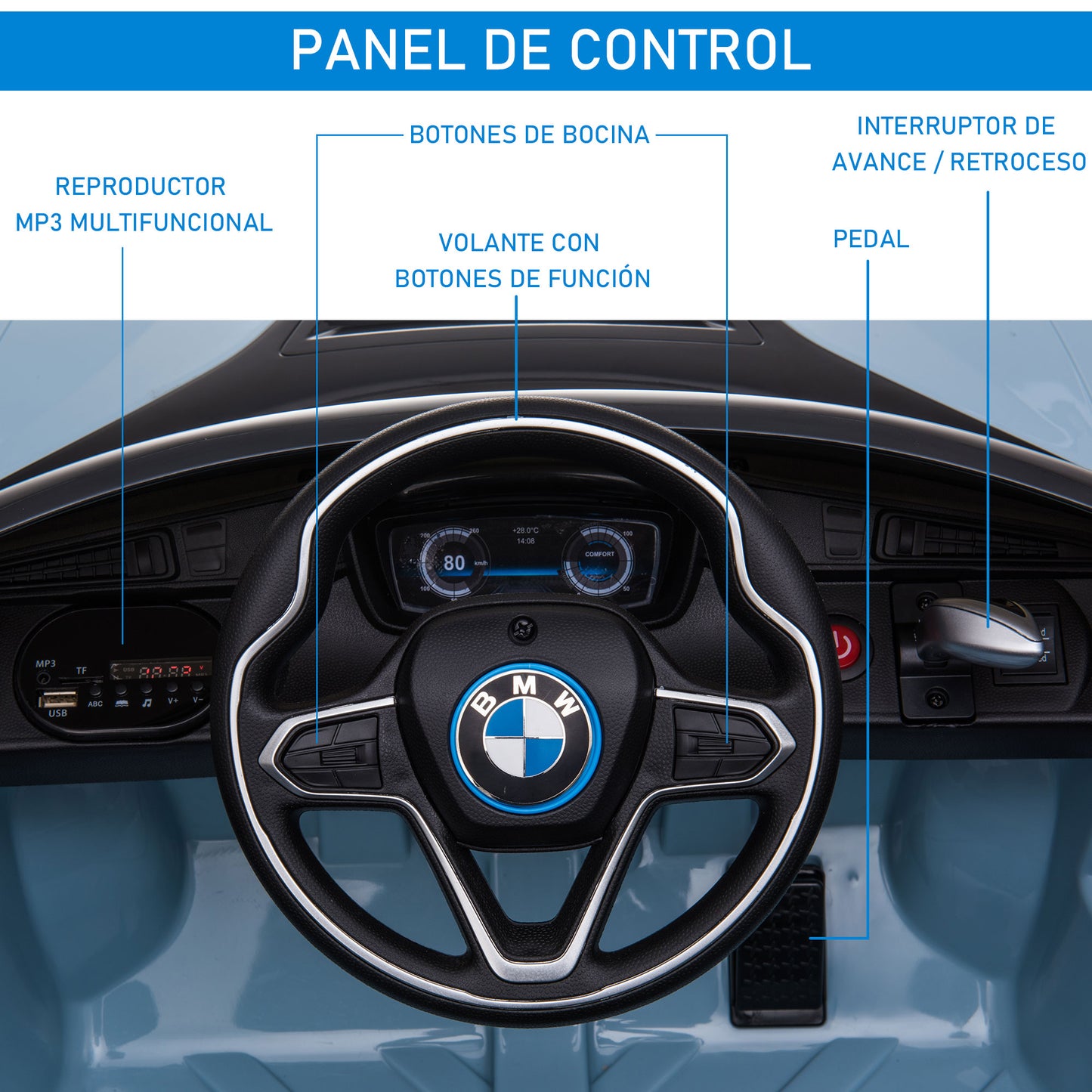 HOMCOM Coche Eléctrico BMW I8 COUPE con Licencia para Niños de +3 Años Batería 6V Control Remoto y Manual con Música MP3 Bocina y Faros 115x72,5x46 cm Azul