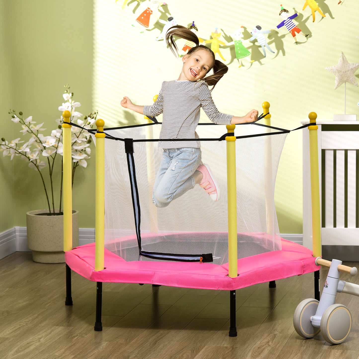 ZONEKIZ Cama Elástica para Niños con Superficie de Salto 95x85 cm Red de Seguridad Trampolín Infantil para Niños de 3-6 Años para Interior Carga 50 kg Rosa