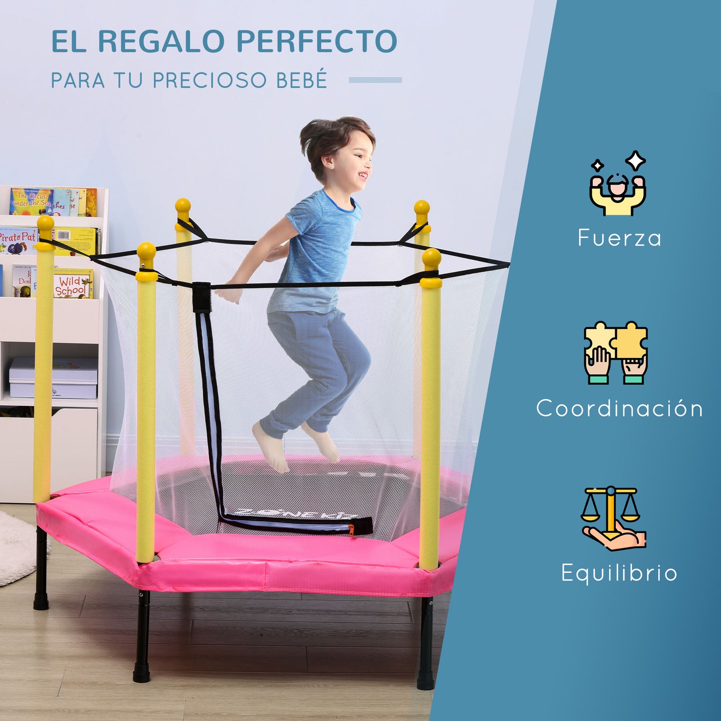 ZONEKIZ Cama Elástica para Niños con Red de Seguridad Trampolín Infantil para Niños de 3-6 Años para Interior Carga 50 kg 122x122x97 cm Rosa