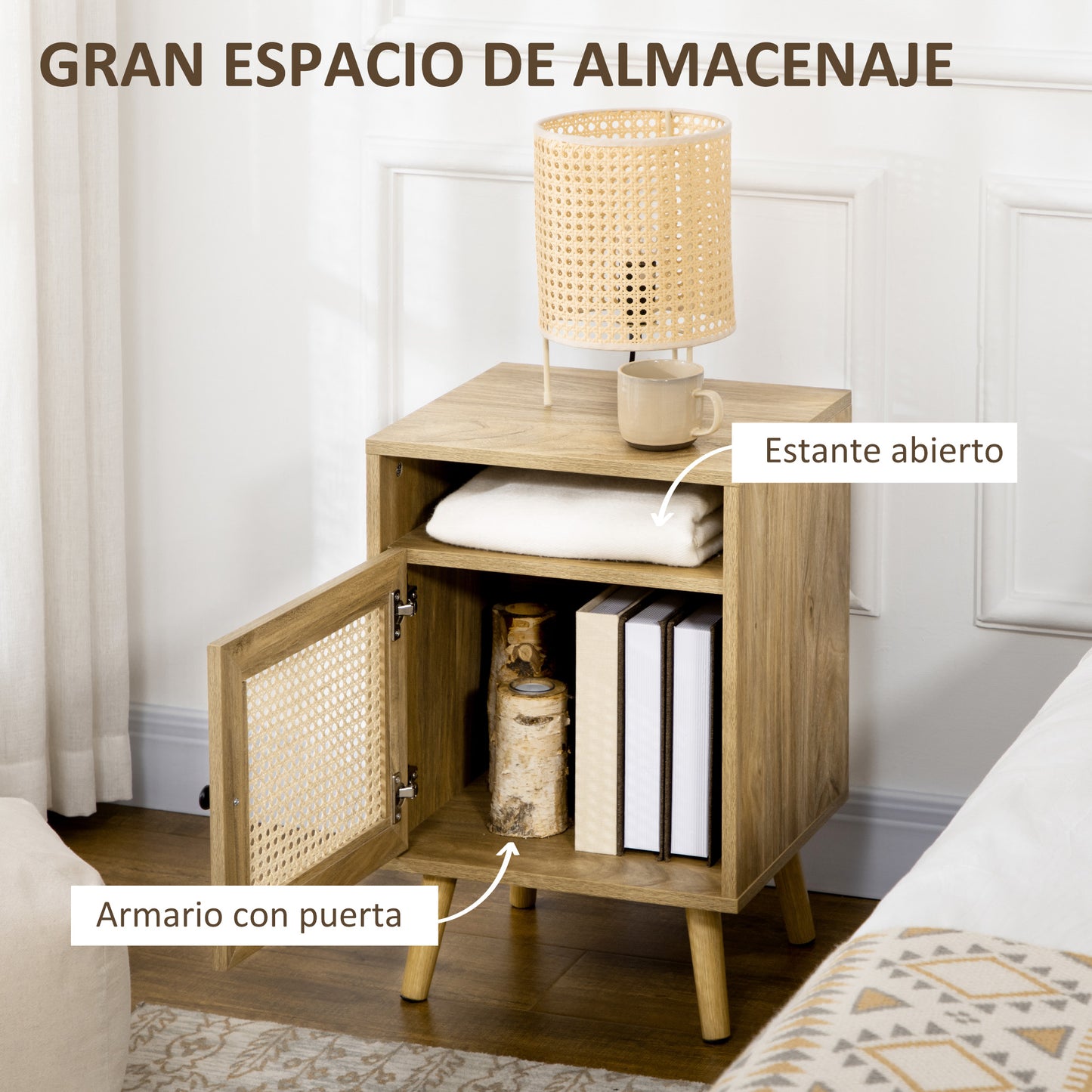 HOMCOM Conjunto para el Hogar Incluye 1 Cómoda con 4 Cajones 1 Aparador y 2 Mesitas de Noche con Puerta de Ratán Sintético Estilo Cannage Natural