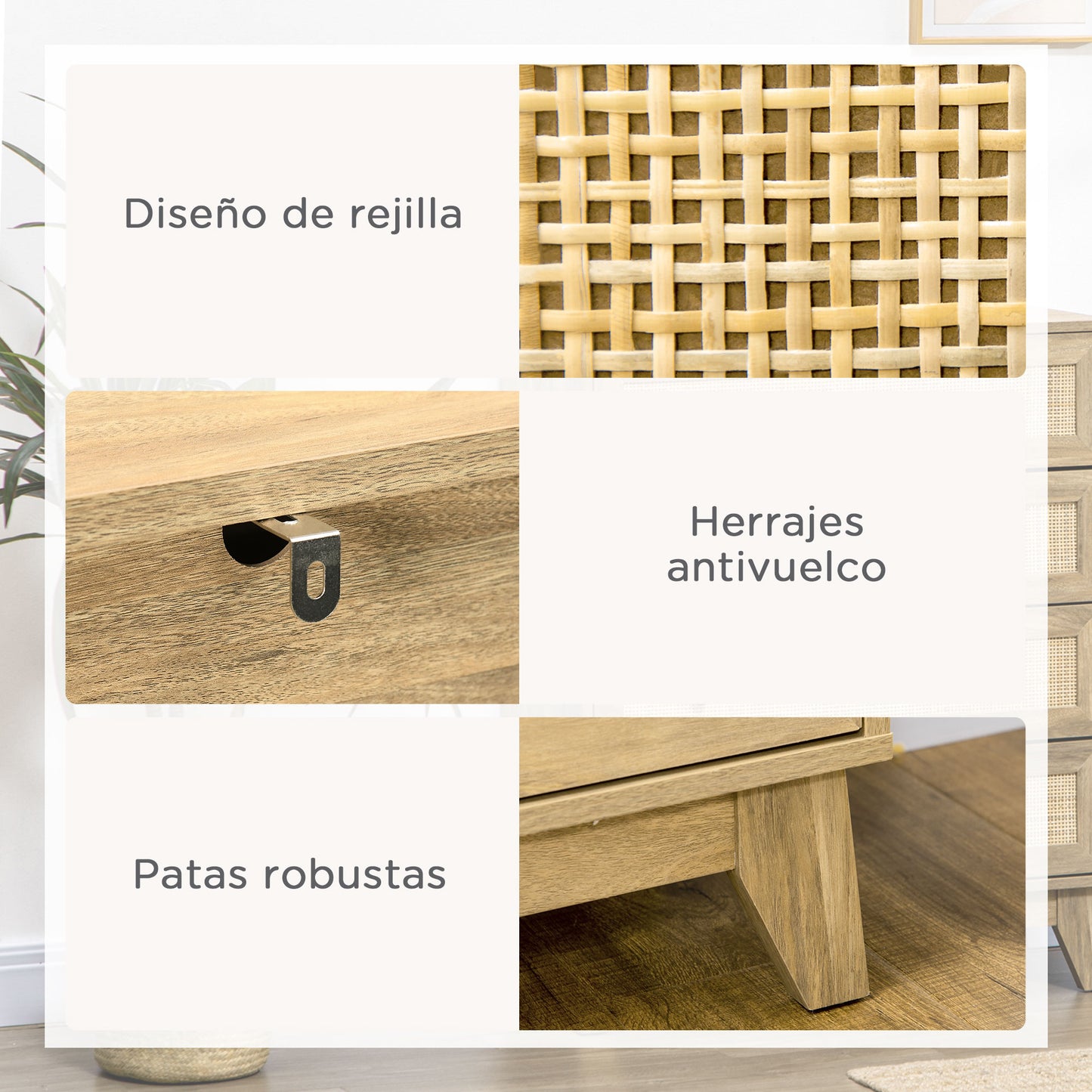 HOMCOM Conjunto para el Hogar Incluye 1 Cómoda con 4 Cajones 1 Aparador y 2 Mesitas de Noche con Puerta de Ratán Sintético Estilo Cannage Natural