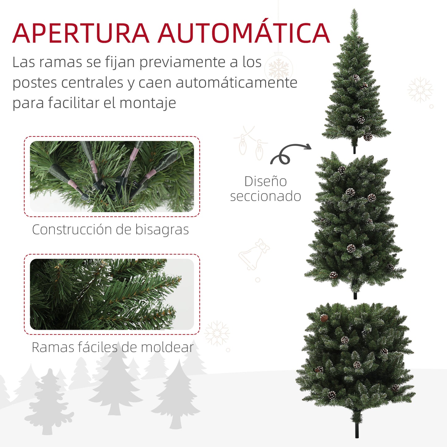 HOMCOM Árbol de Navidad 225 cm Árbol de Navidad Artificial con 980 Ramas 75 Piñas y Soporte de Metal Árbol Navideño para Salón Interior Verde