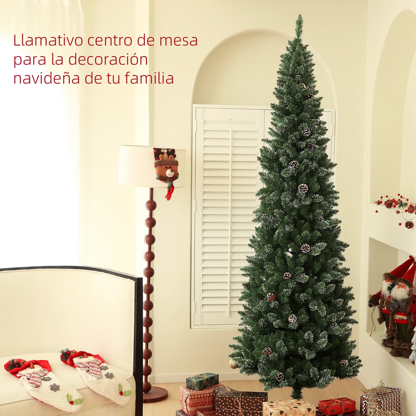 HOMCOM Árbol de Navidad 225 cm Árbol de Navidad Artificial con 980 Ramas 75 Piñas y Soporte de Metal Árbol Navideño para Salón Interior Verde