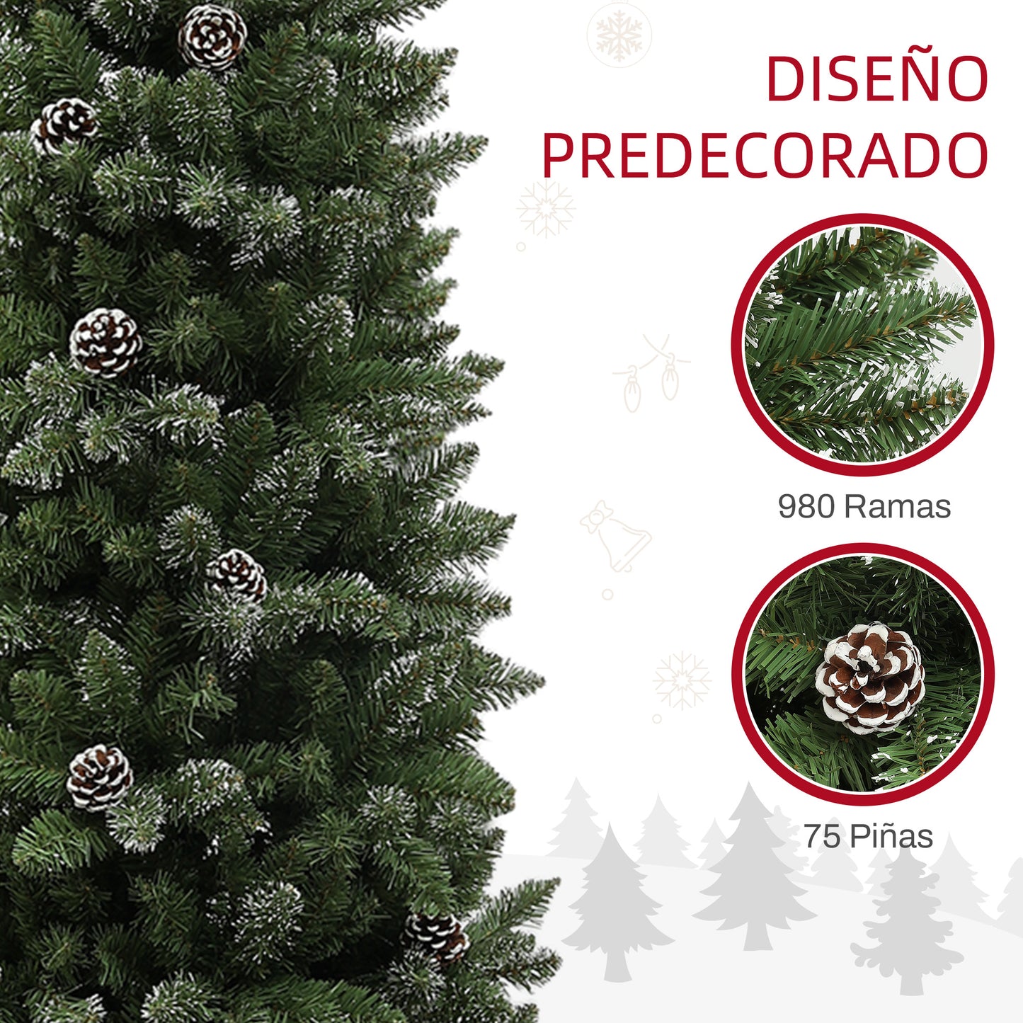 HOMCOM Árbol de Navidad 225 cm Árbol de Navidad Artificial con 980 Ramas 75 Piñas y Soporte de Metal Árbol Navideño para Salón Interior Verde