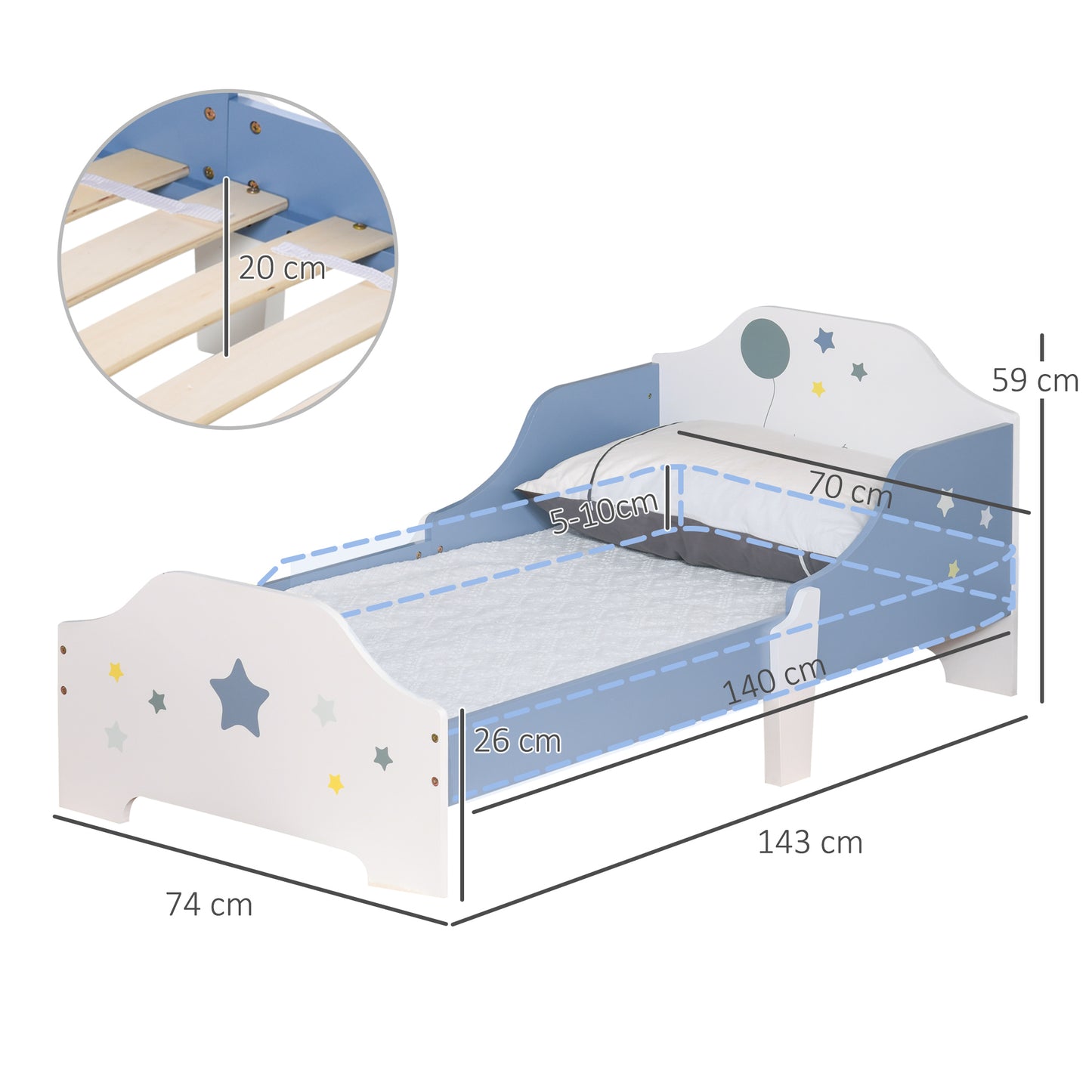 HOMCOM Cama para Niños de +3 Años 143x74x59 cm Cama Infantil de Madera con Estampado con Estrellas Carga 50 kg para Dormitorio Azul y Blanco