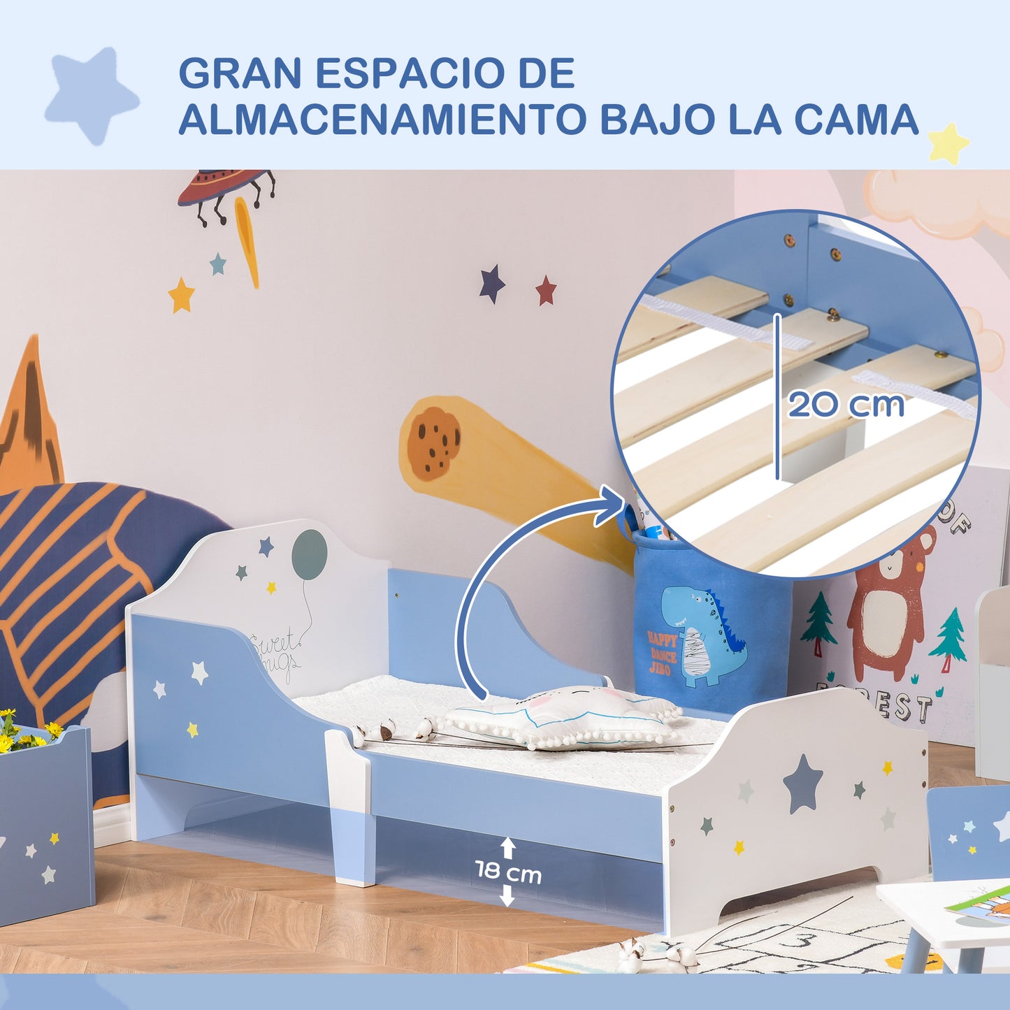 HOMCOM Cama para Niños de +3 Años 143x74x59 cm Cama Infantil de Madera con Estampado con Estrellas Carga 50 kg para Dormitorio Azul y Blanco