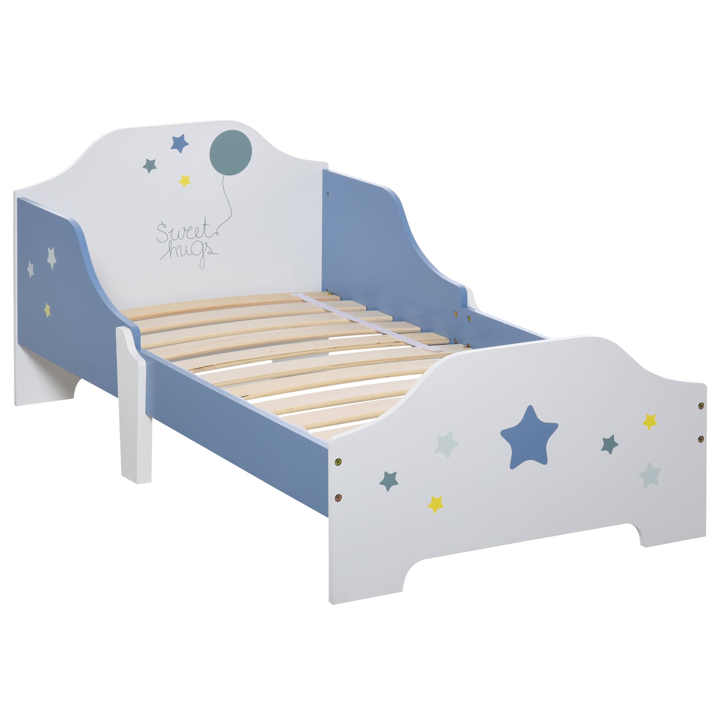 HOMCOM Cama para Niños de +3 Años 143x74x59 cm Cama Infantil de Madera con Estampado con Estrellas Carga 50 kg para Dormitorio Azul y Blanco