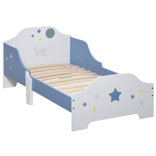 HOMCOM Cama para Niños de +3 Años 143x74x59 cm Cama Infantil de Madera con Estampado con Estrellas Carga 50 kg para Dormitorio Azul y Blanco