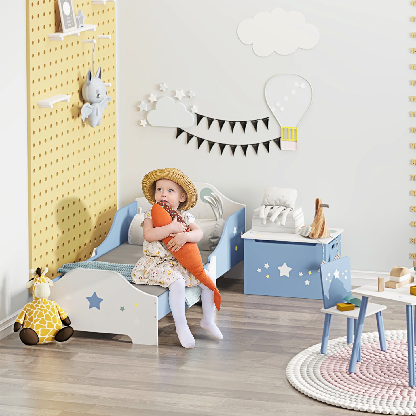 HOMCOM Cama para Niños de +3 Años 143x74x59 cm Cama Infantil de Madera con Estampado con Estrellas Carga 50 kg para Dormitorio Azul y Blanco