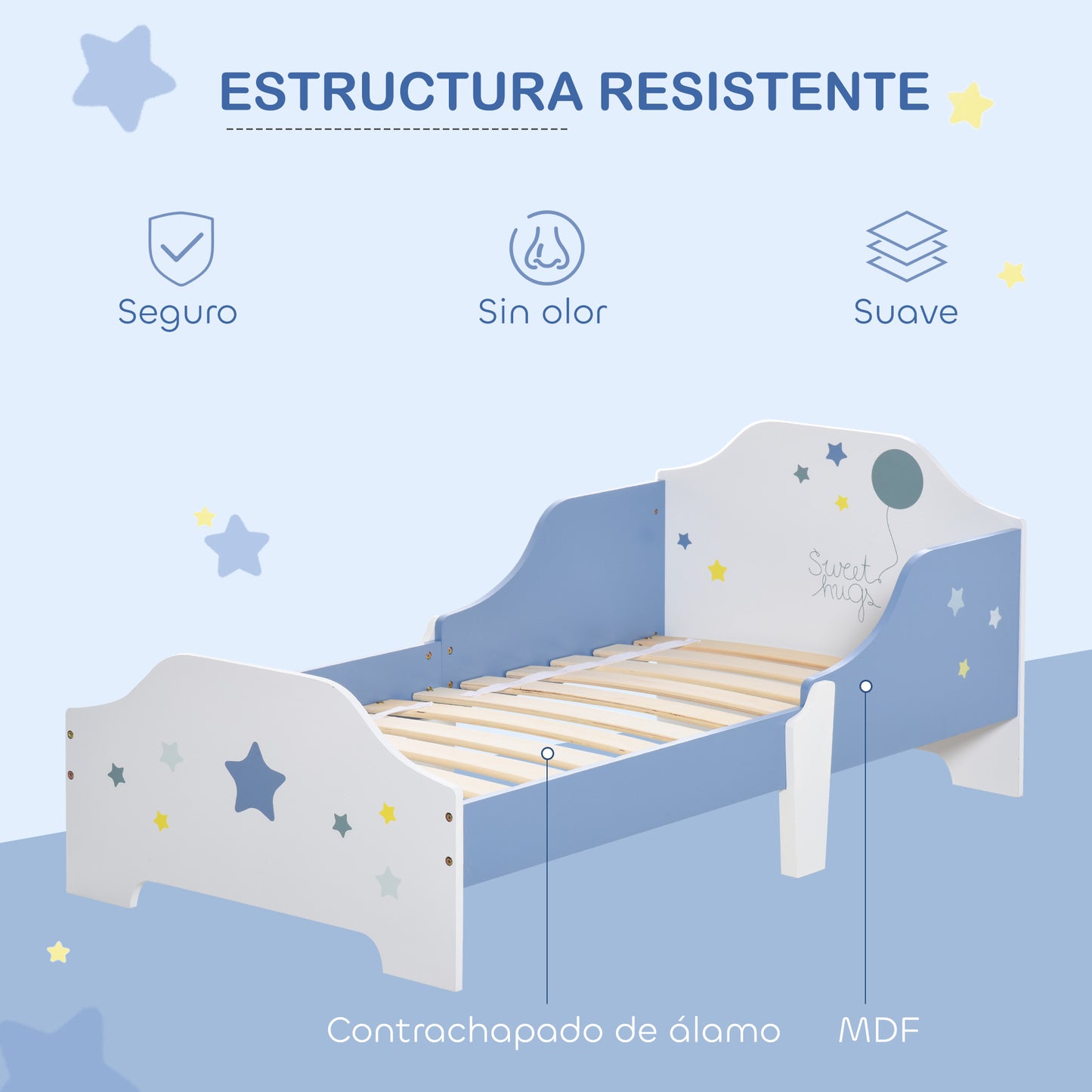 HOMCOM Cama para Niños de +3 Años 143x74x59 cm Cama Infantil de Madera con Estampado con Estrellas Carga 50 kg para Dormitorio Azul y Blanco