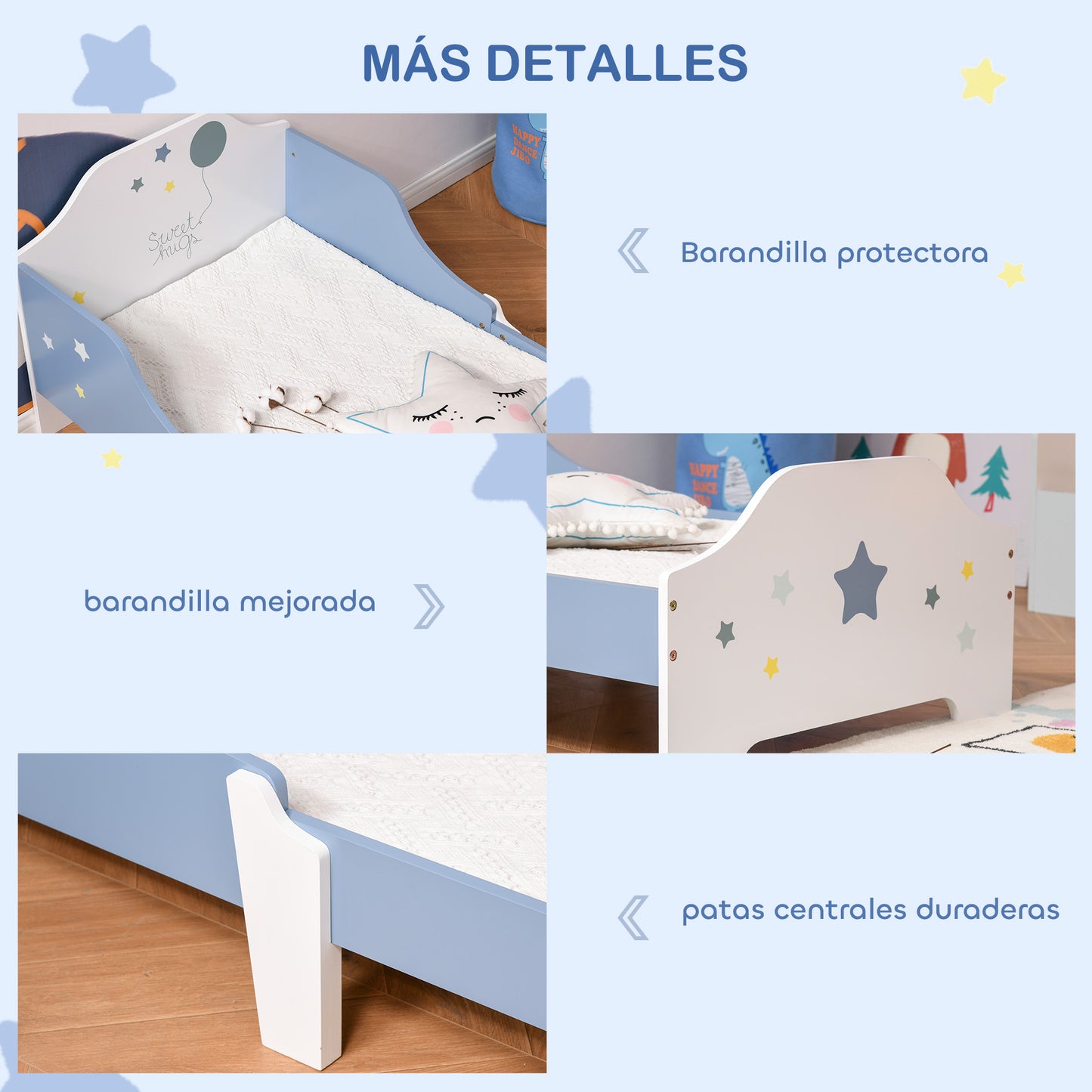 HOMCOM Cama para Niños de +3 Años 143x74x59 cm Cama Infantil de Madera con Estampado con Estrellas Carga 50 kg para Dormitorio Azul y Blanco