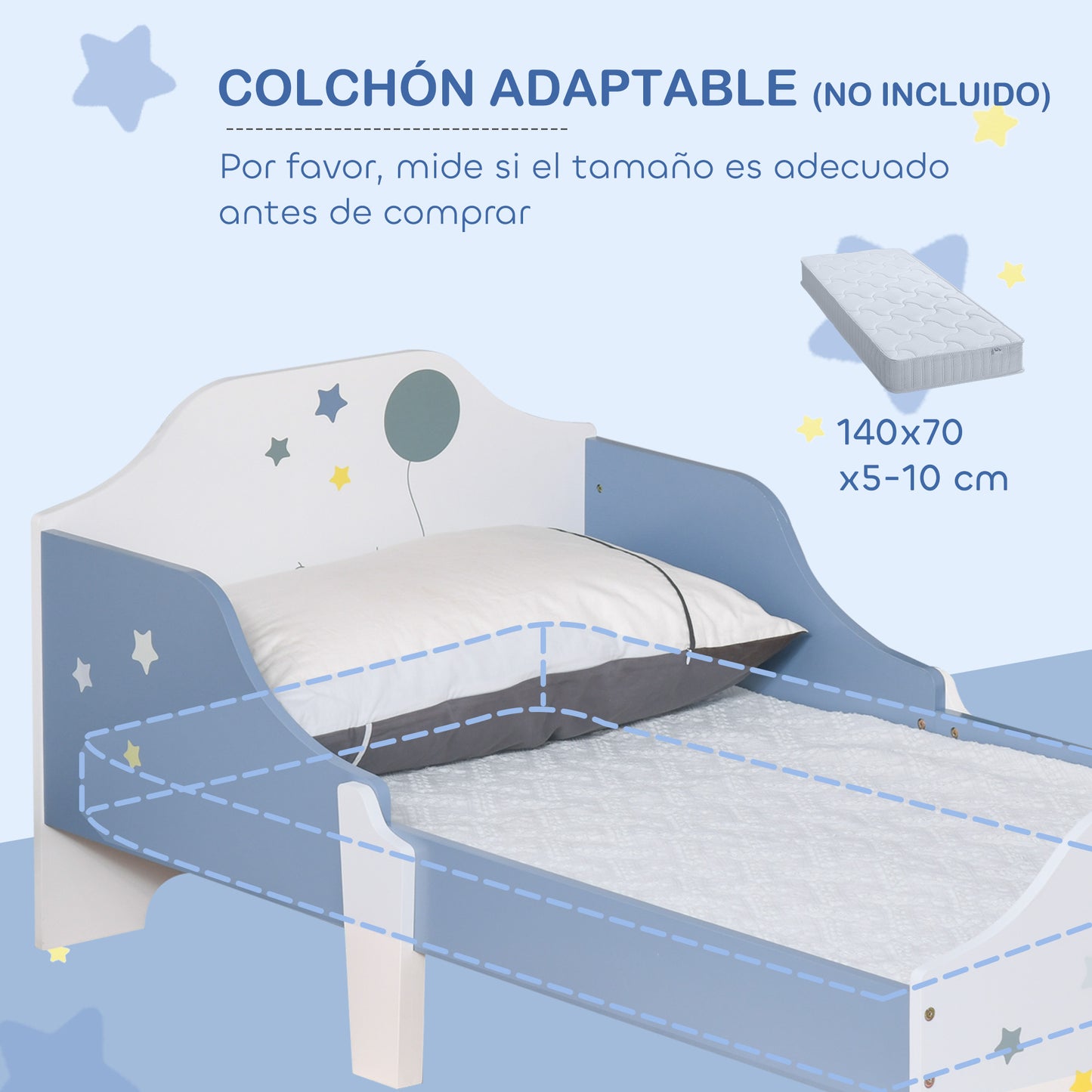 HOMCOM Cama para Niños de +3 Años 143x74x59 cm Cama Infantil de Madera con Estampado con Estrellas Carga 50 kg para Dormitorio Azul y Blanco