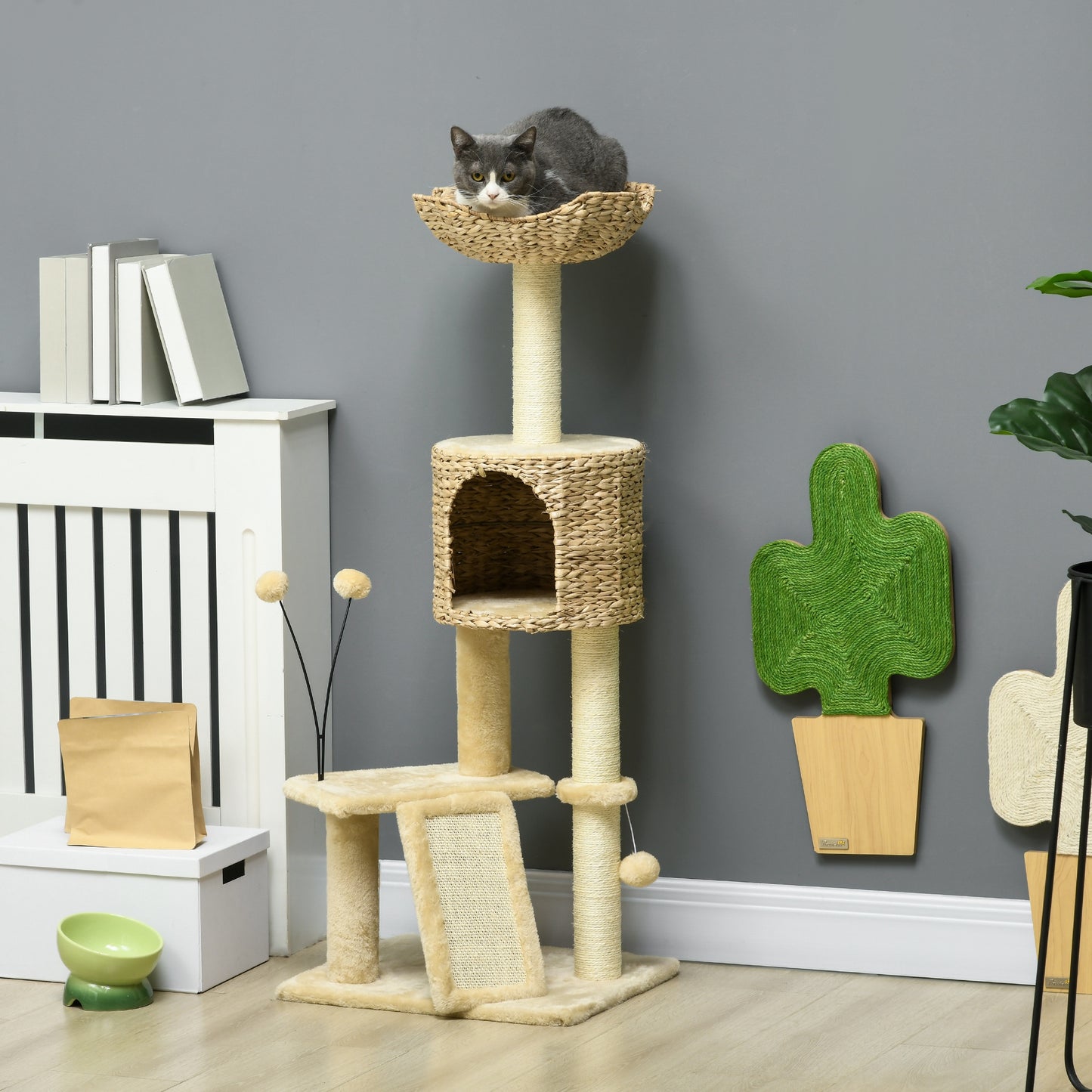 PawHut Árbol Rascador para Gatos de 116 cm Torre para Gatos Interior con Postes para Rascar Cama Cueva de Espadañas Rampa y Bolas 45x40x116 cm Beige