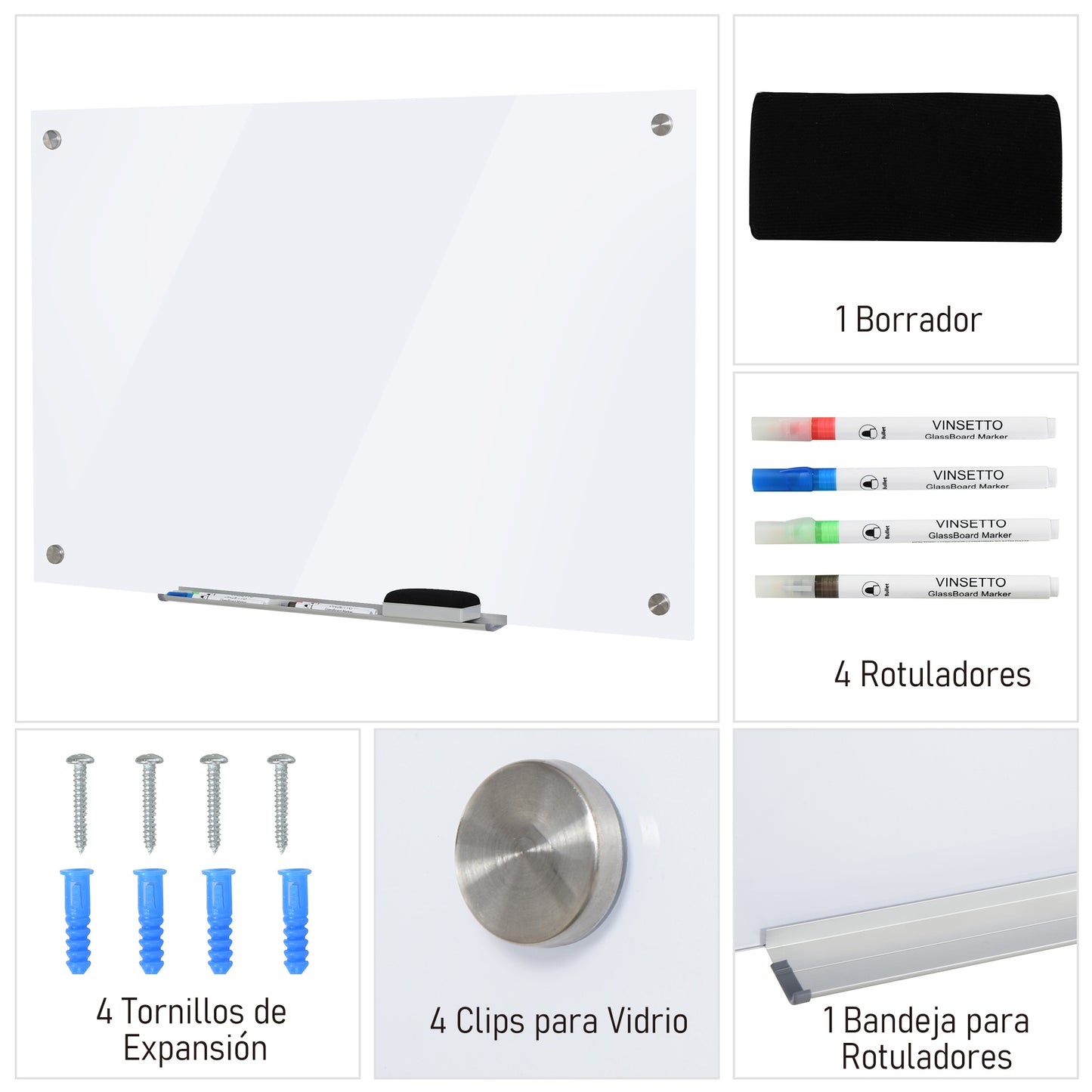 Vinsetto Pizarra de Cristal con Bandeja Pizarra de Pared sin Marco Incluye 4 Rotuladores y Borrador 90x60x0,45 cm Blanco