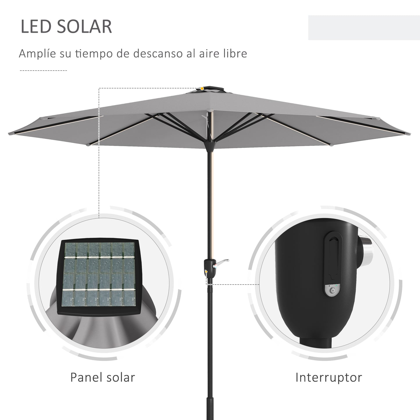 Outsunny Sombrilla de Jardín Ø265x240 cm Parasol de Terraza con Luces LED Solares Manivela e Impermeable para Piscina Patio Gris Claro